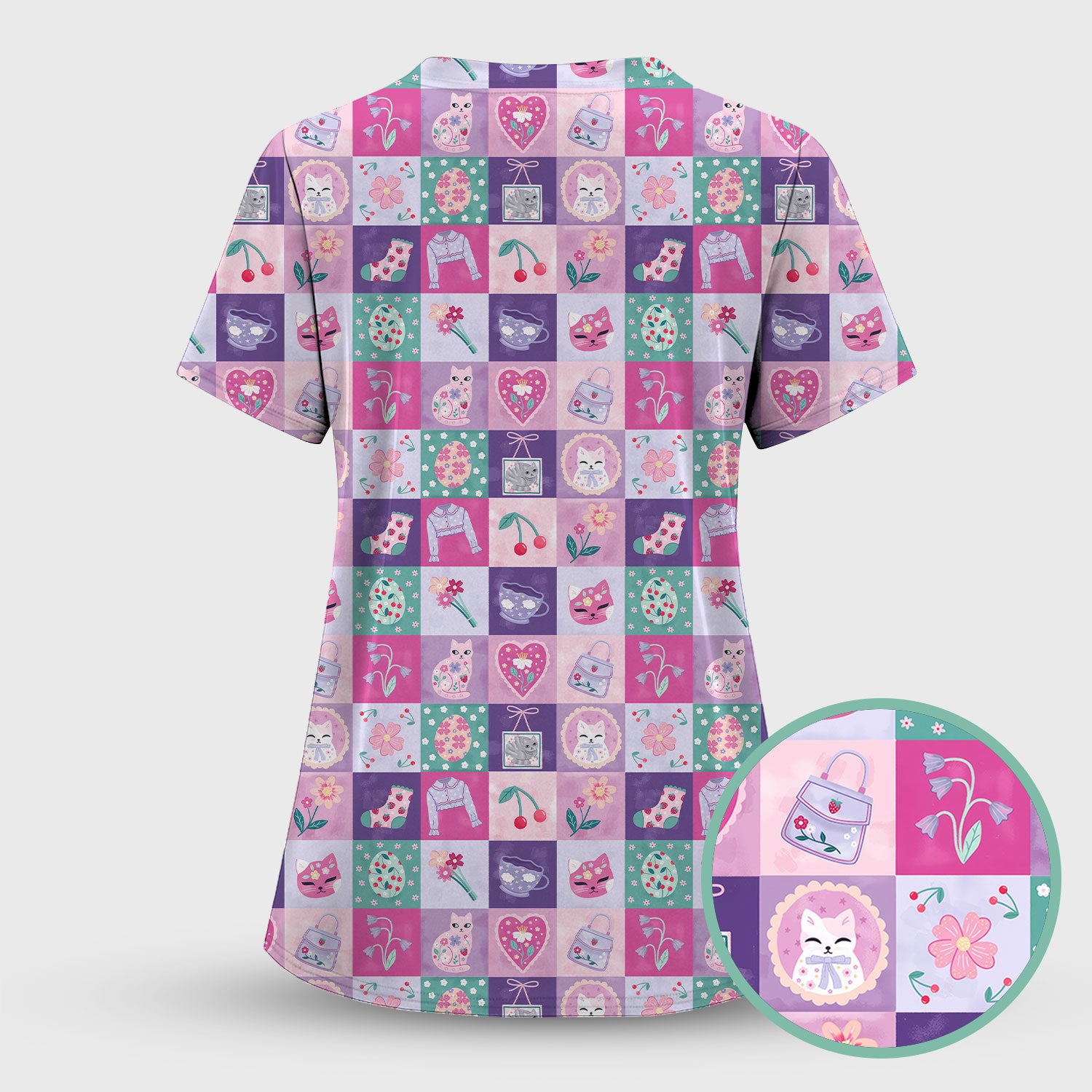 Pastel Cat Patchwork Scrub Top, Kawaii Floral Nursing Uniform