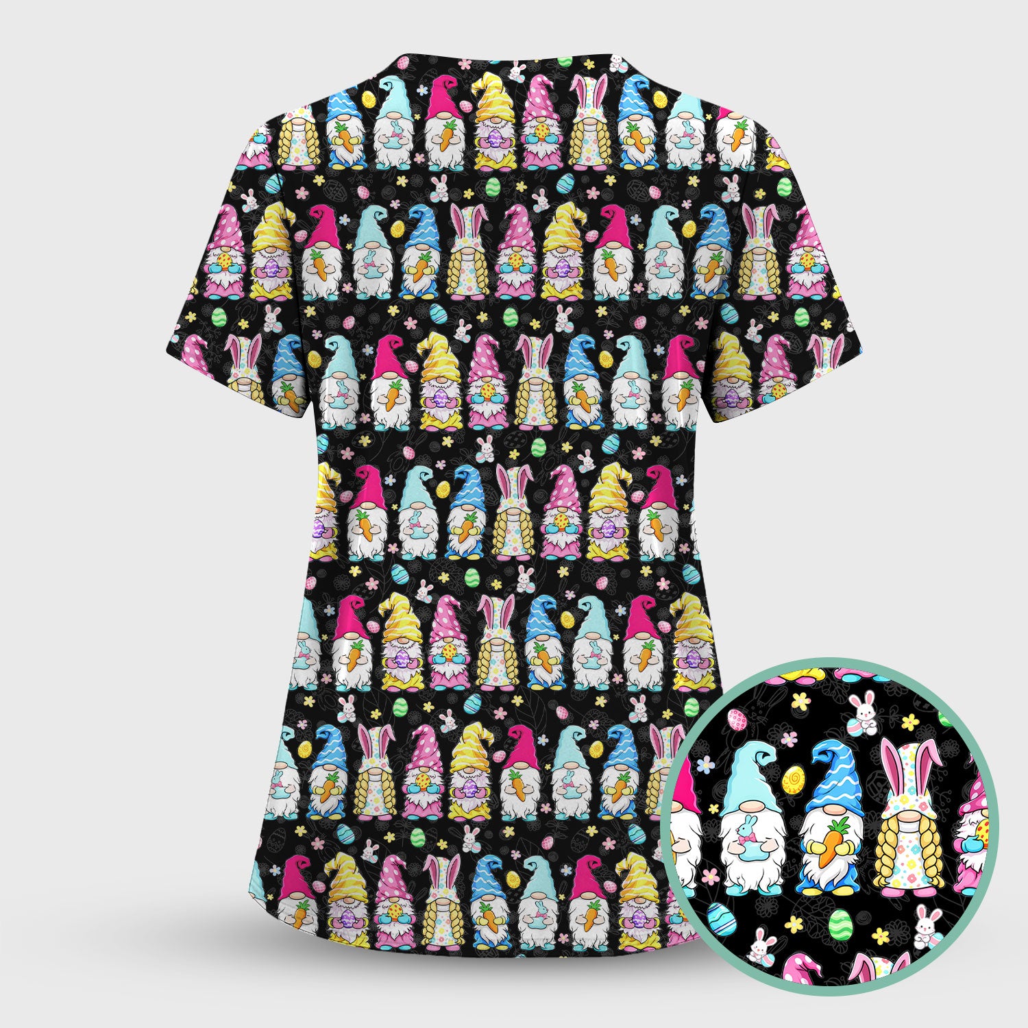 Colorful Easter Gnome Bunny Eggs Pattern Scrub Set, Women's Scrub Sets