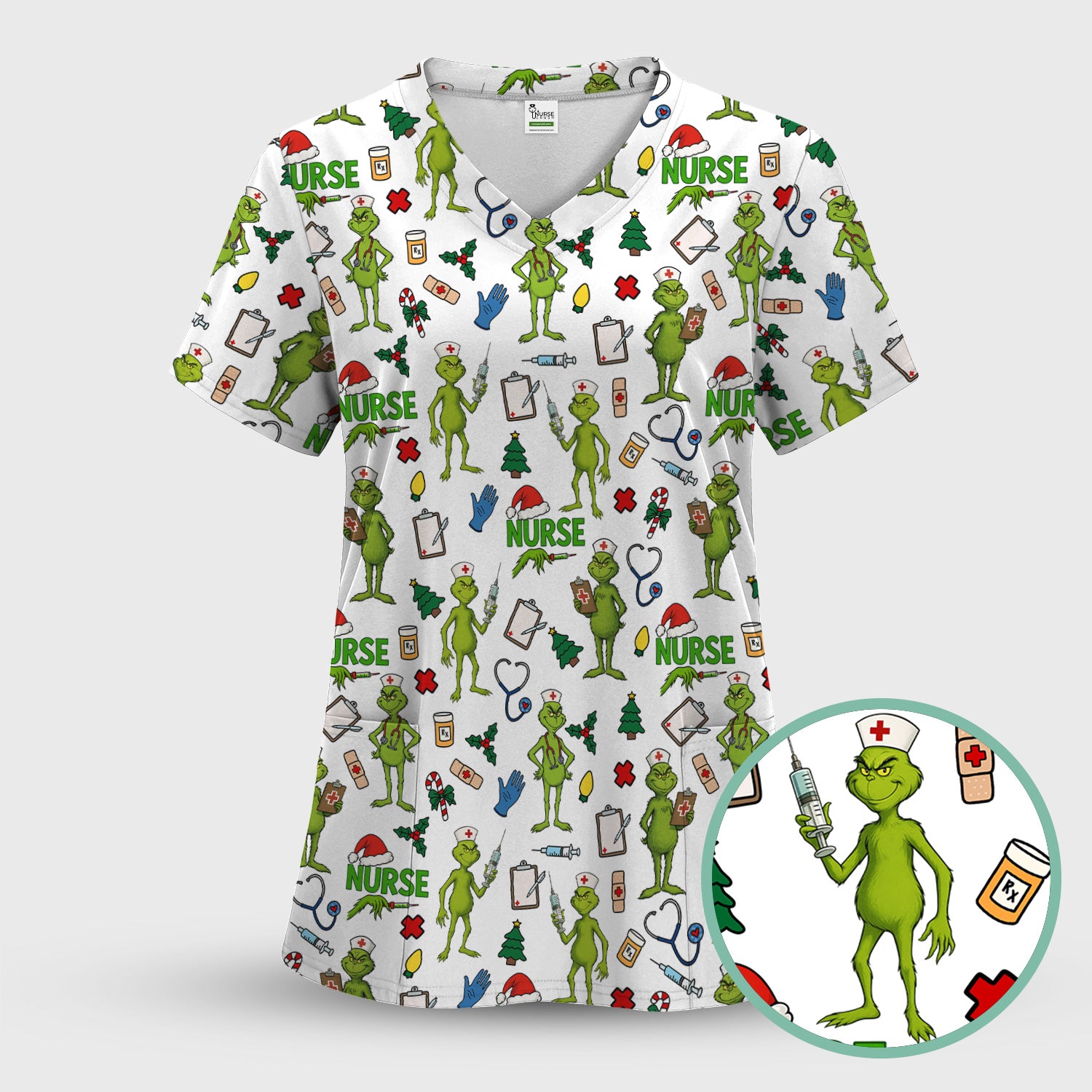 Christmas Grinch Scrub Top - Funny Nurse Medical Uniform Shirt - Multiple Color Options CNA RN LPN Gift