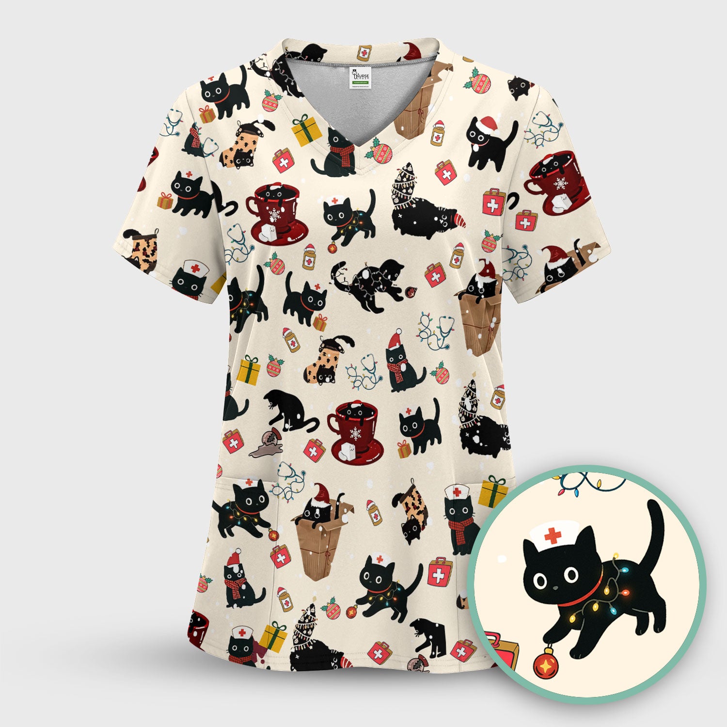 Christmas Cat Scrub Top for Nurse - Funny Black Cats Shirt - Cute Holiday Medical Uniform for Women