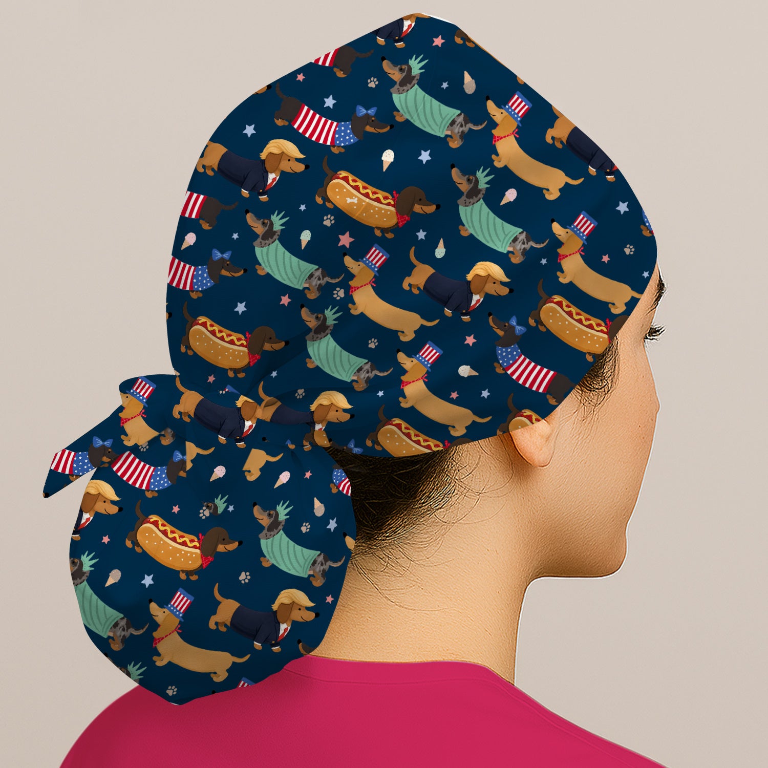 Funny Patriotic Dachshund Costume Dogs Pattern Cap, Bouffant Scrub Caps for Women