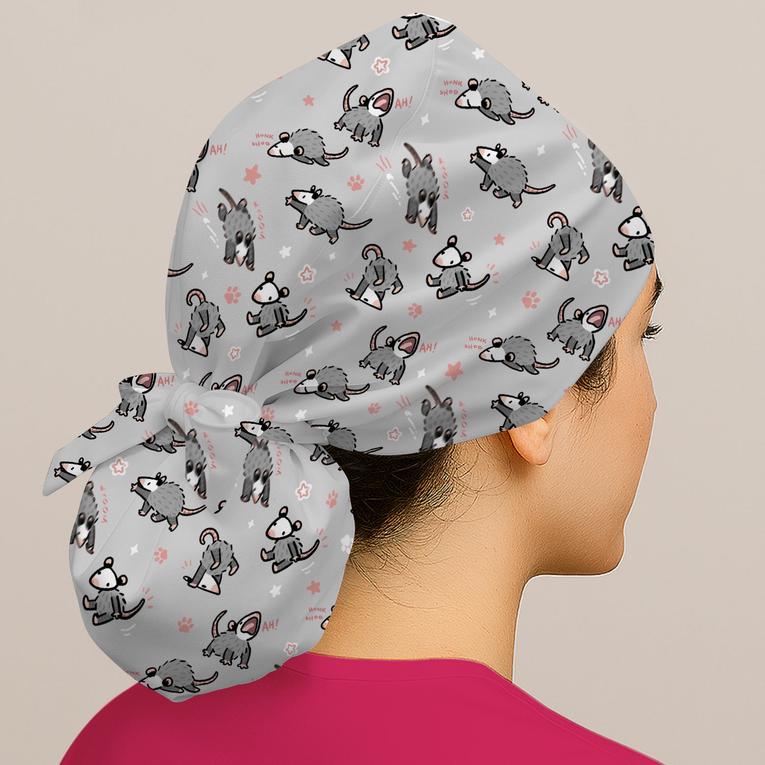 Playful Cartoon Opossum Character Pattern Cap, Bouffant Scrub Caps for Women