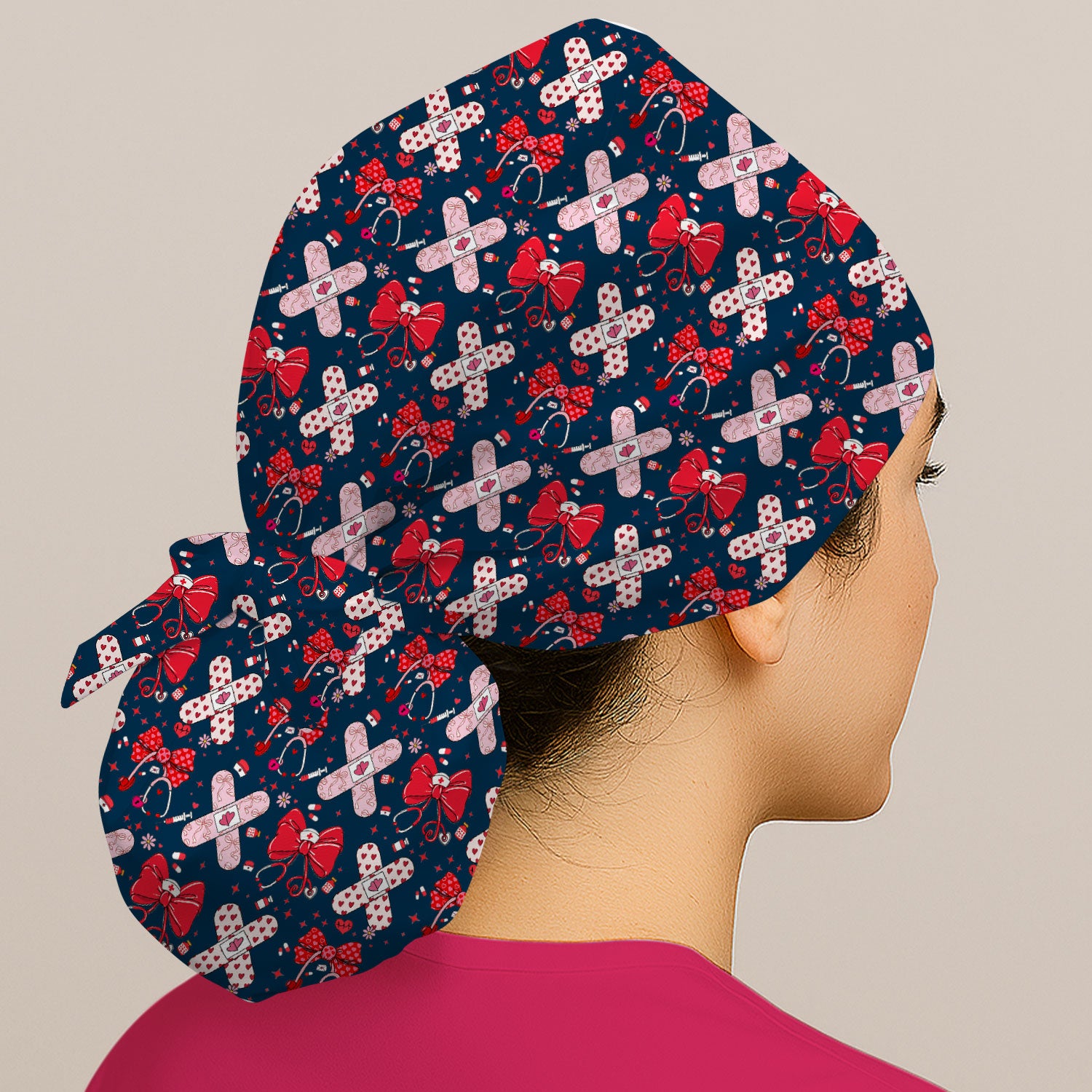 Valentine Nurse Scrub Cap, Red Bow And Heart Bandage Pattern Medical Hat, Breathable Fabrics Nursing Uniform