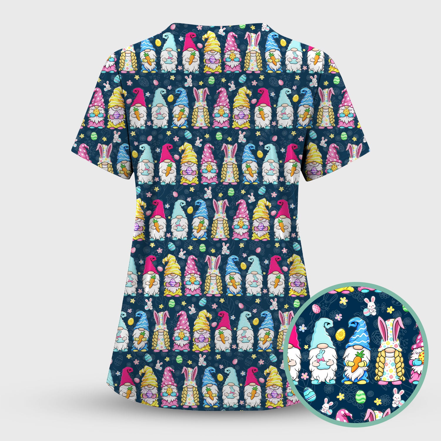 Colorful Easter Gnome Bunny Eggs Print Scrub Top, Comfortable Scrubs for Nurses