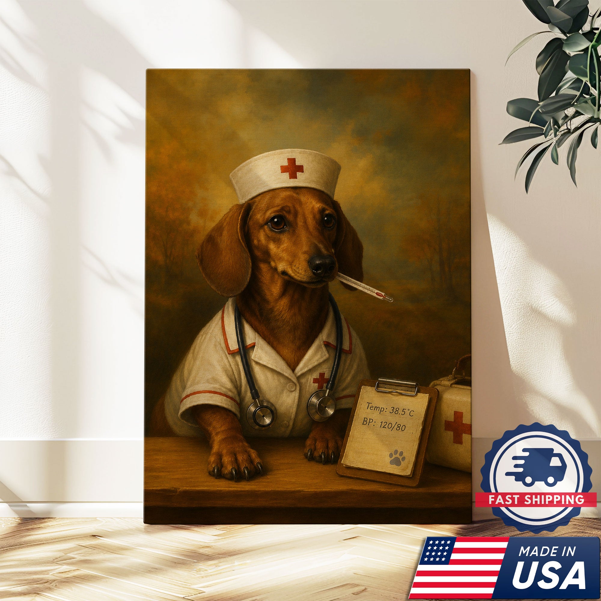 Vintage Nurse Dachshund Portrait Canvas Wall Art, Heartfelt Medical Dog Artwork