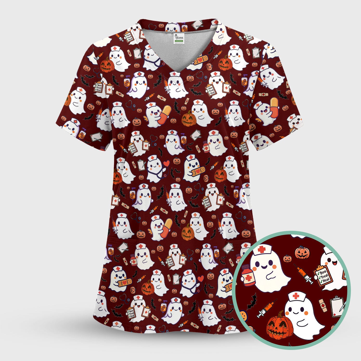 Women's Scrub Sets Halloween Gift - Comfortable Scrubs for Nurses - Pumpkin Ghost Scrub Pants and V Neck Top