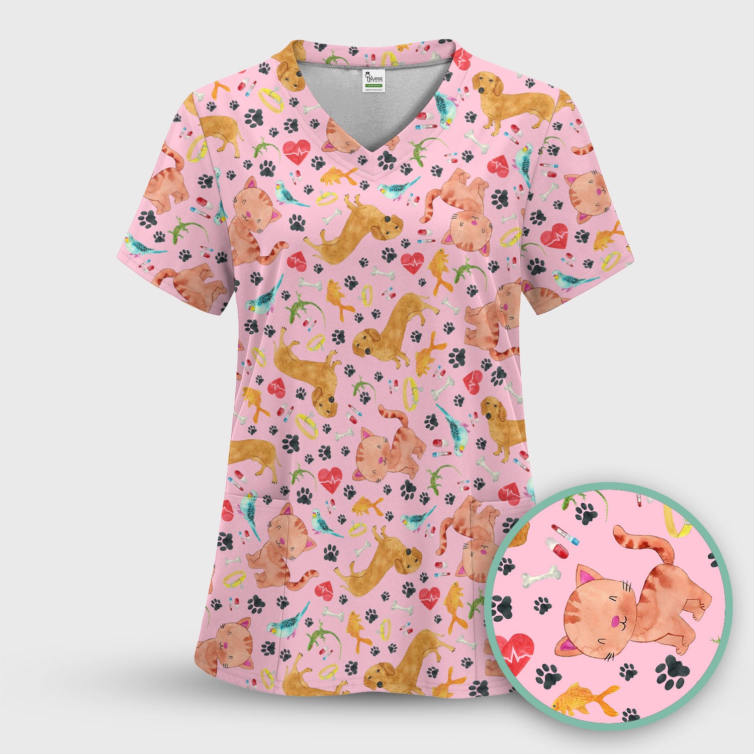 Cat Dog Veterinary Scrub Top - Cute Animal Paw Print Medical Shirt - Adorable Nurse Scrubs for Women RN CNA Vet Tech