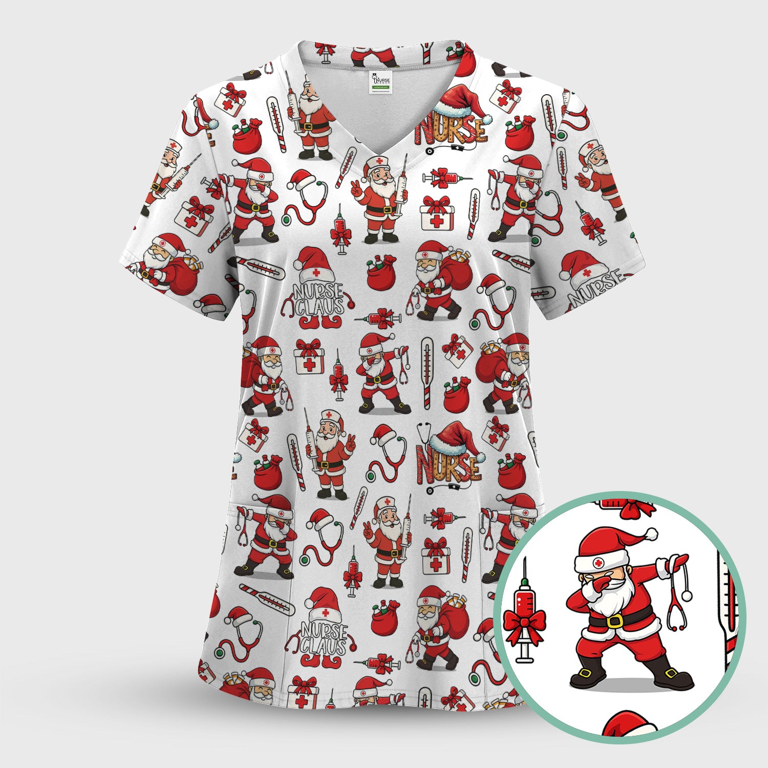 Nurse Claus Christmas Scrub Shirt - Cute Santa Nurse Scrub Top Multi Color - Funny Holiday Nursing Scrub Shirt with Pockets