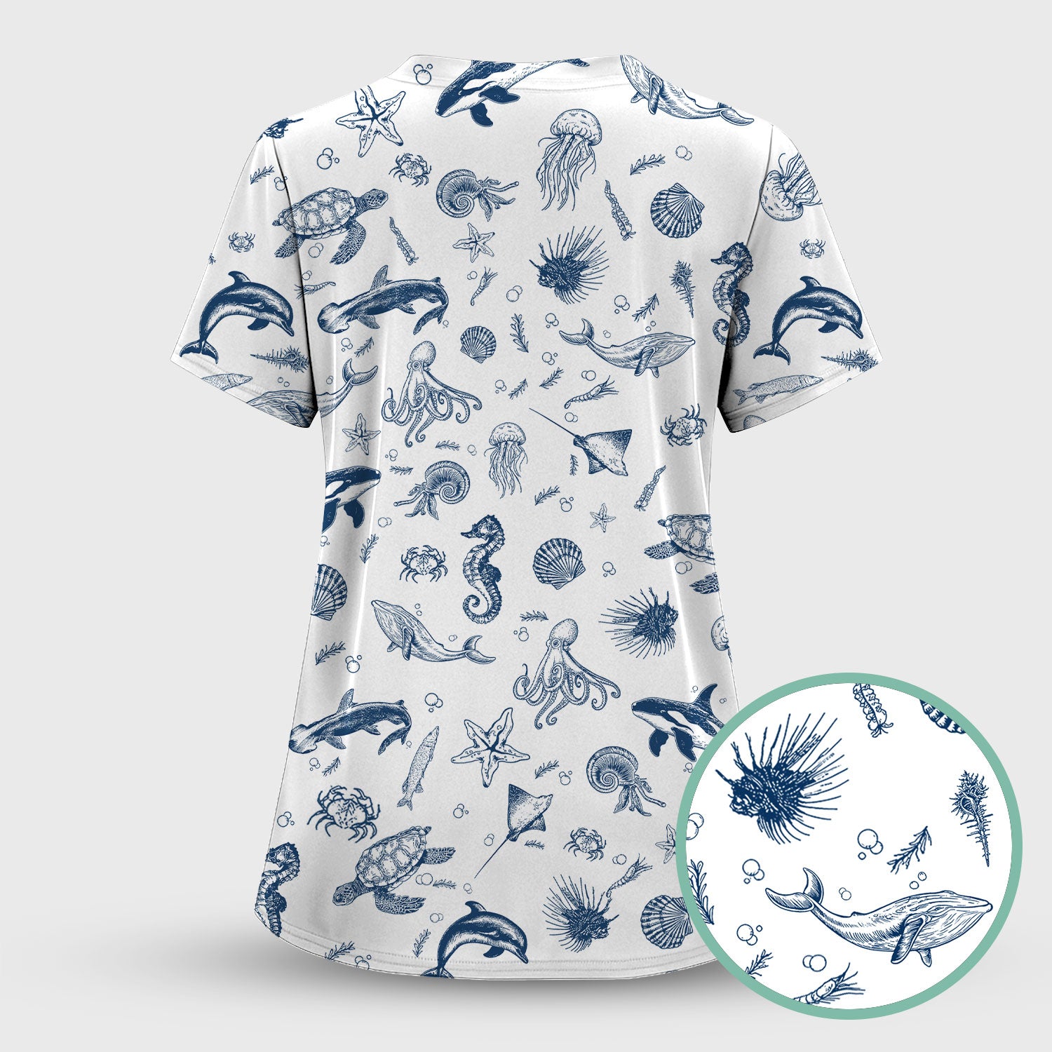 Marine Sea Life Pattern Scrub Top, Breathable Fabrics Nursing Uniform