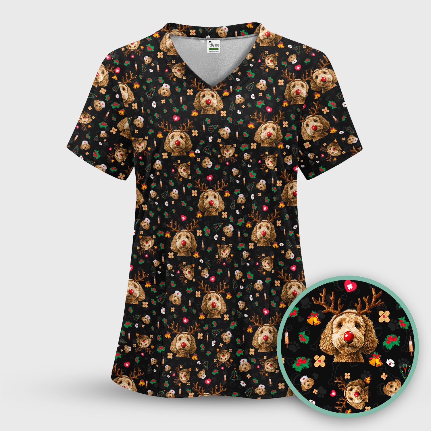 Christmas Labradoodle Scrub Top - Funny Reindeer Dog Nurse Shirt - Cute Holiday Medical Uniform for Women Healthcare Gift