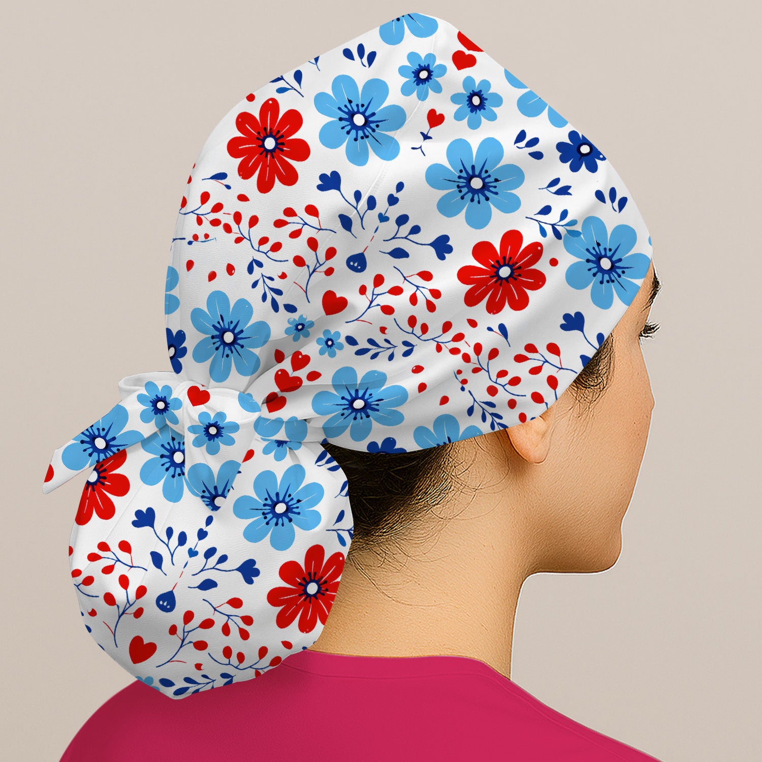 Symmetrical Folk Floral Heart Pattern Pattern Scrub Cap, Breathable Fabrics Caps Uniform