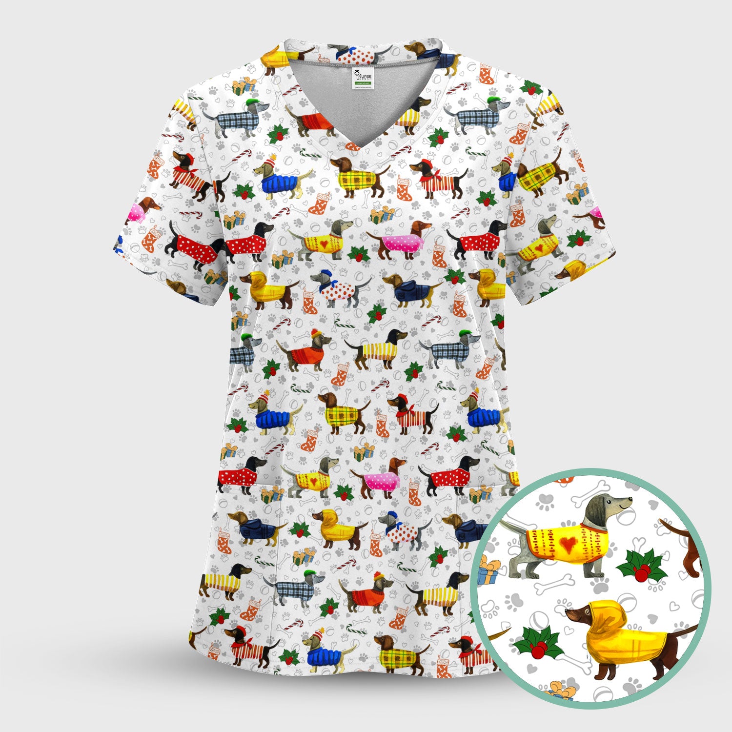 Dachshund Women Scrub Sets - Funny Wiener Dog Paw Prints Nurse Uniform - Comfortable Nursing Pants V Neck Shirt - Holiday Ugly Sweater