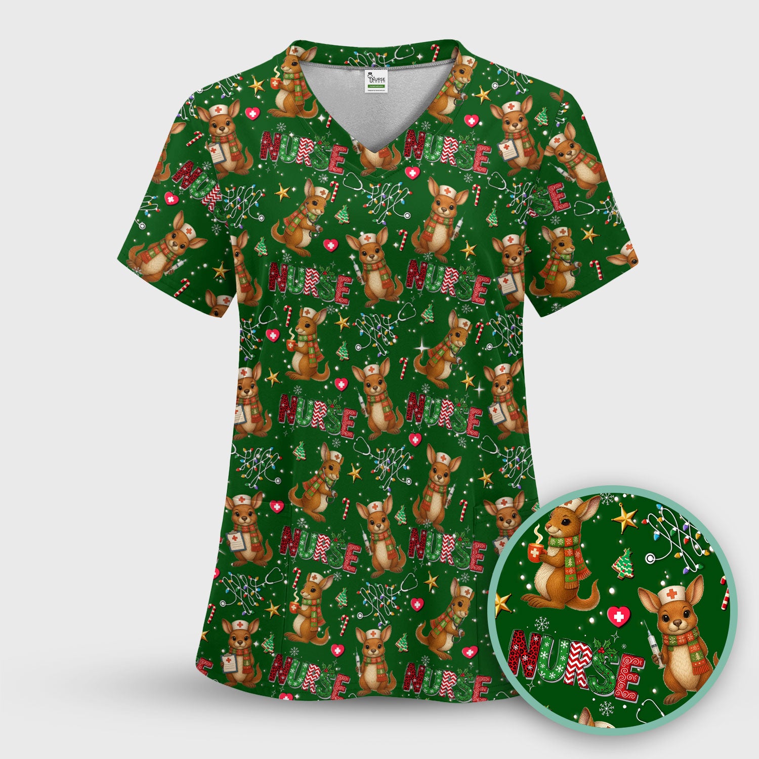 Christmas Kangaroo Nurse Scrub Top - Cute Aussie Holiday Medical Uniform - Funny Xmas Scrubs for Women