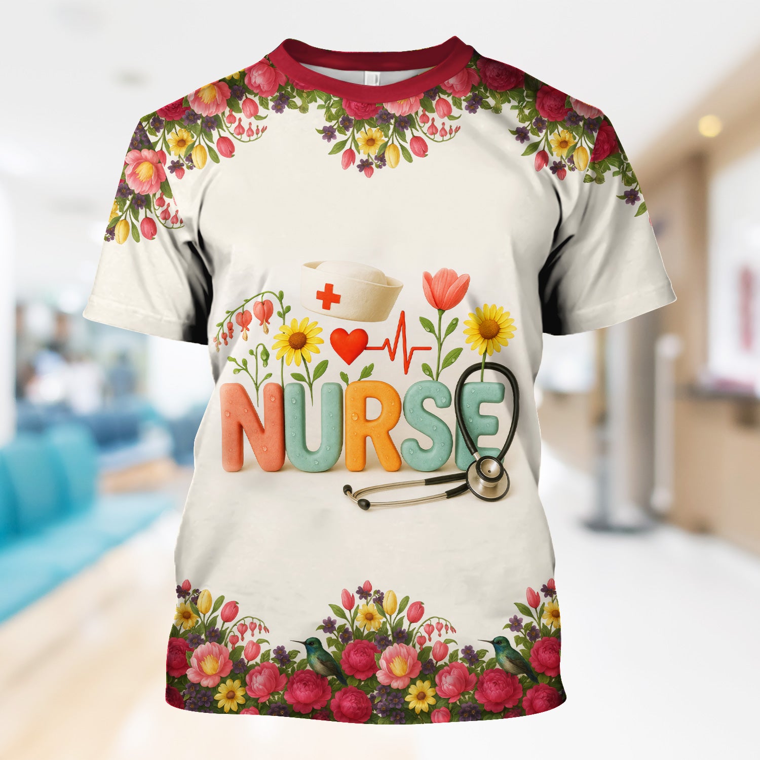 Personalized Floral Nurse Shirt with Name - Cute Colorful Flowers and Stethoscope Design - Thoughtful Gift for Women RN CNA LPN in Healthcare and Nursing Profession