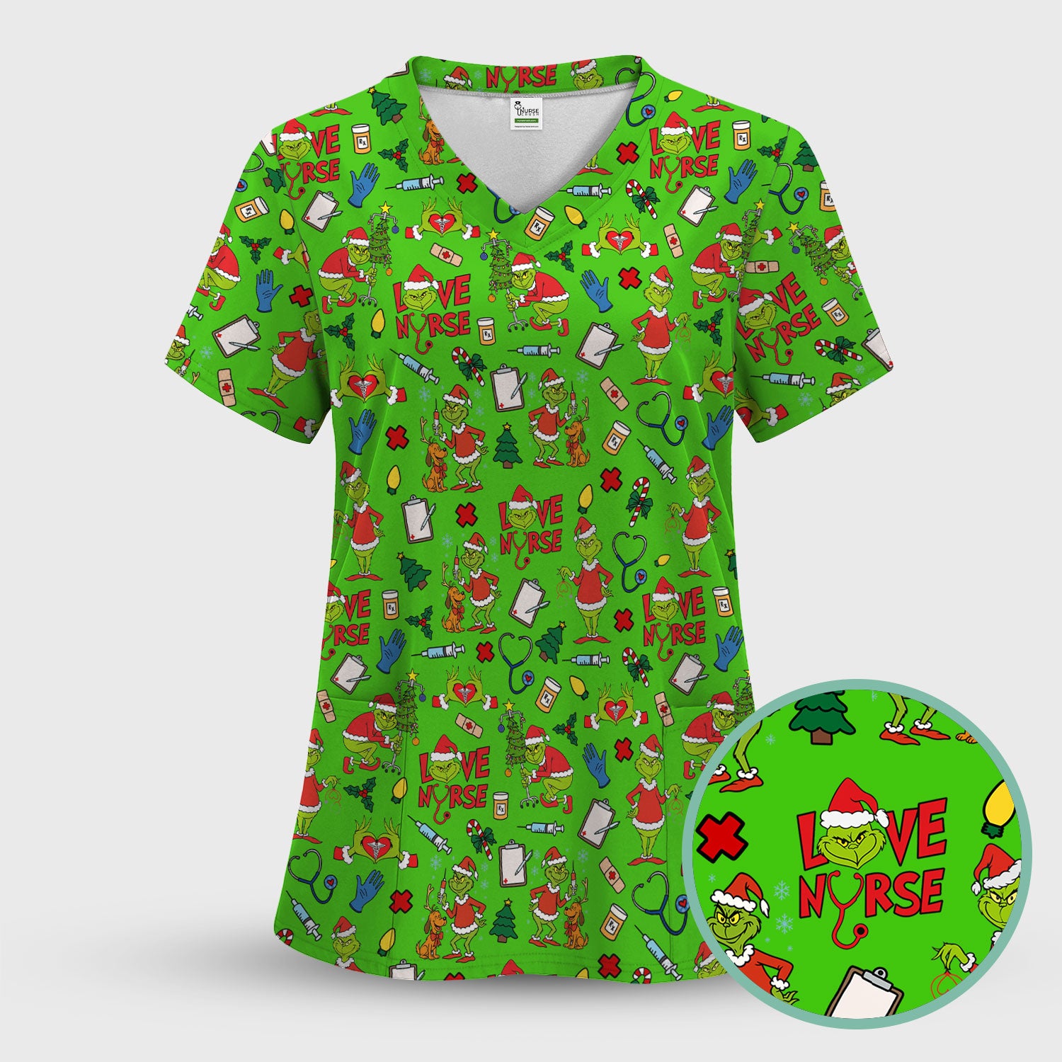 Funny Grinch Love Nurse Scrub Top - Multi Color Christmas Scrub Shirt - Cute Holiday Nursing Workwear with Pockets for Women