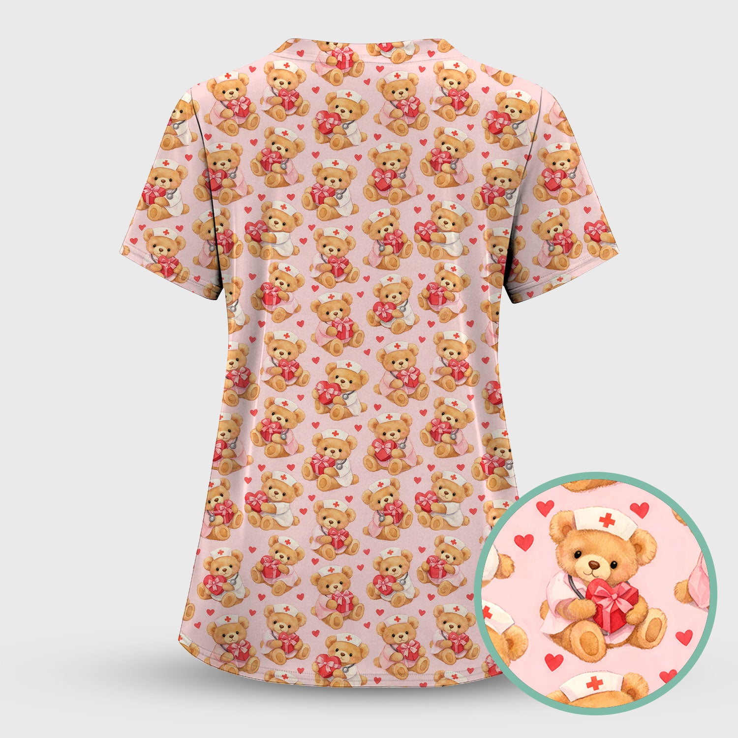 Valentine Teddy Pattern Scrub Top, Bear And Heart Medical Nurse Scrub Shirt, Breathable Fabrics Nursing Uniform