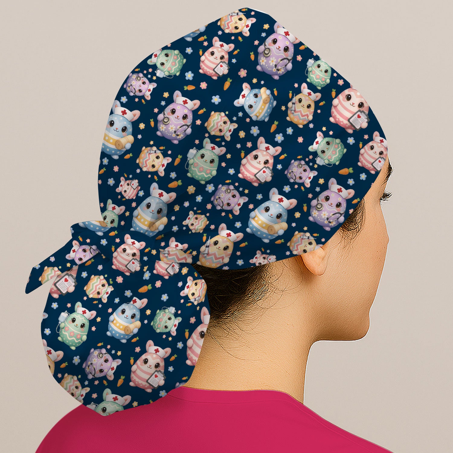 Cute Nurse Bunny Pastel Floral Print Bouffant Scrub Caps,  Breathable Fabrics Caps Uniform