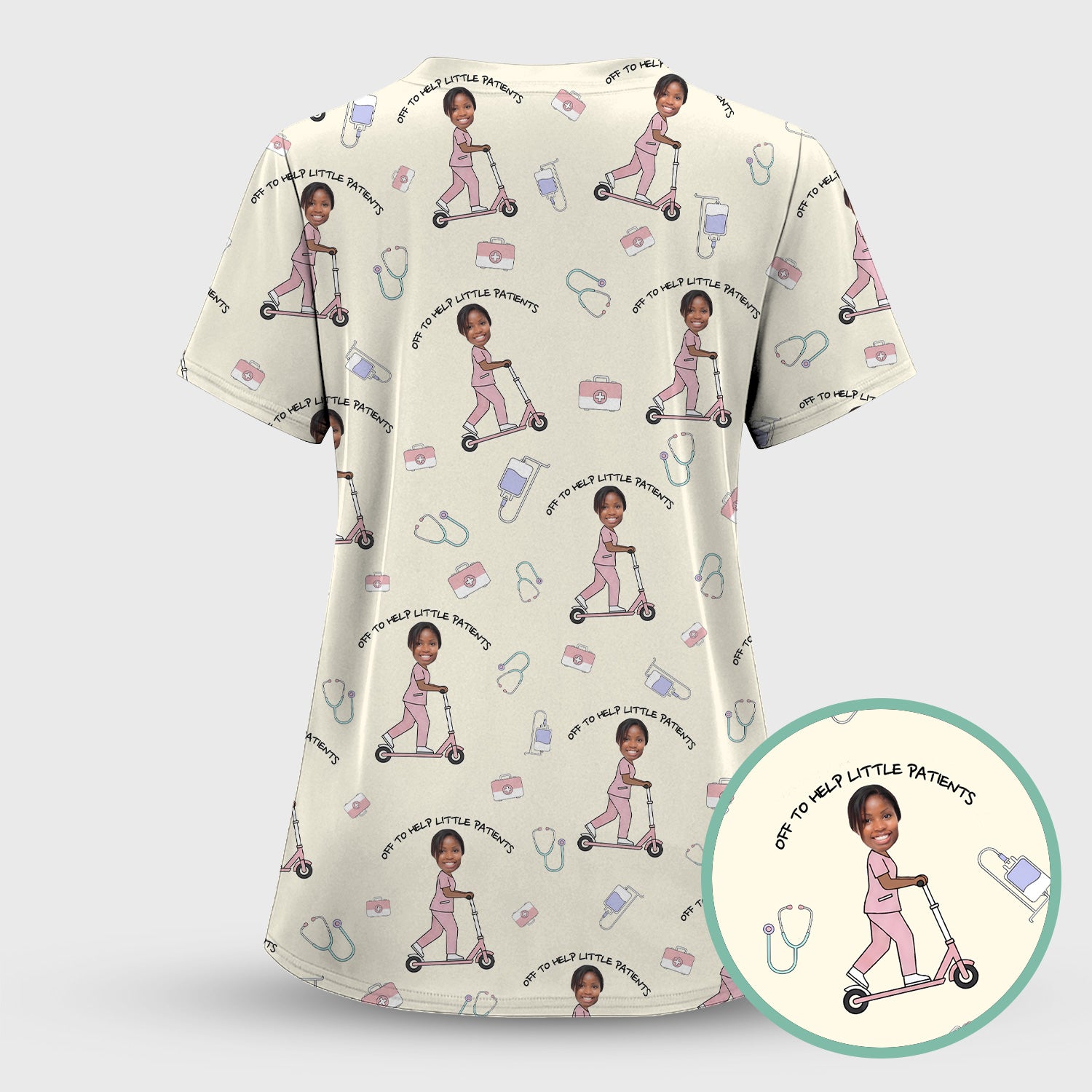 Custom Face Pediatric Nurse Scooter Pattern Scrub Set, Scrub Pants and V Neck Top