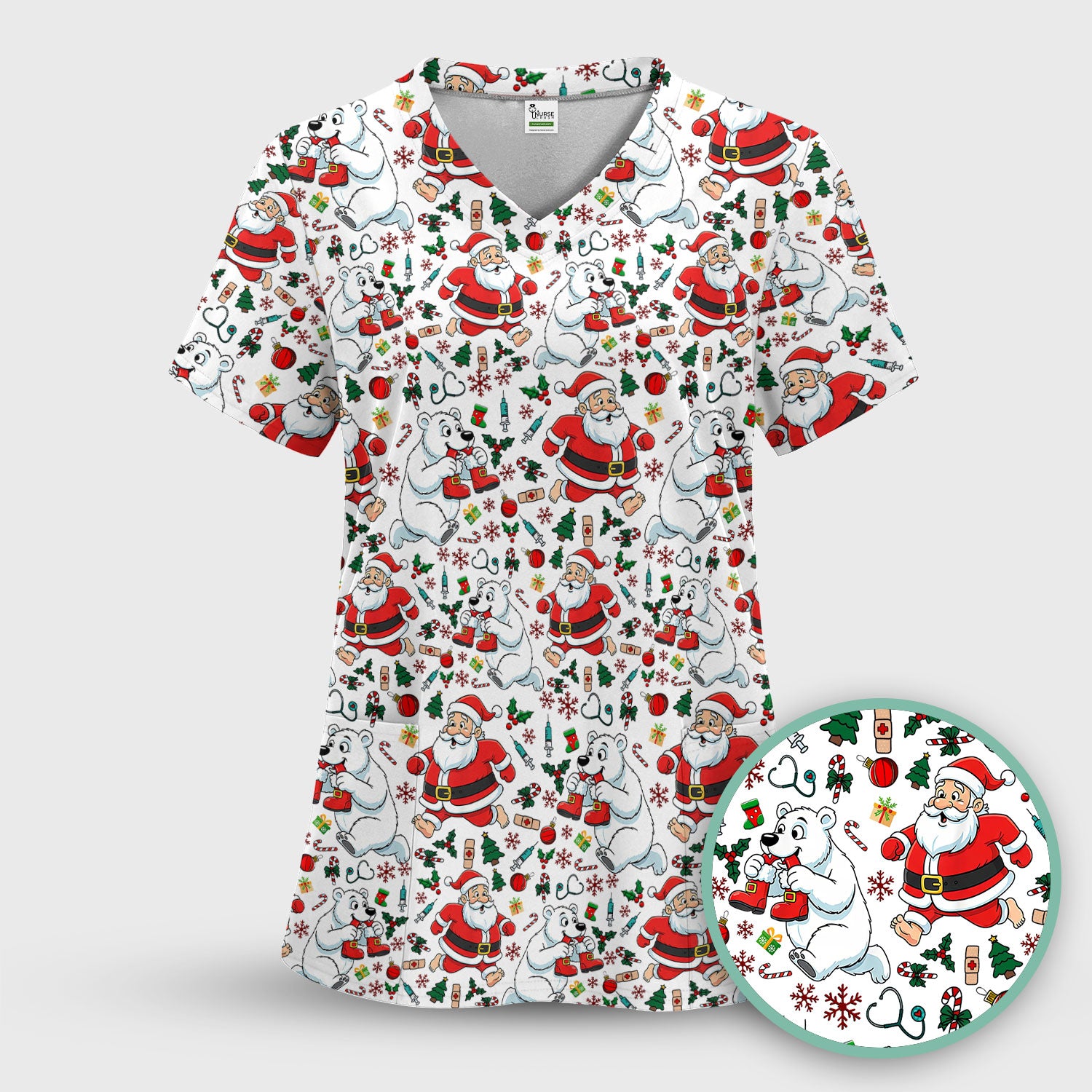 Christmas Santa & Polar Bear Scrub Top - Funny Holiday Nurse Shirt for Women - Cute Winter Medical Uniform