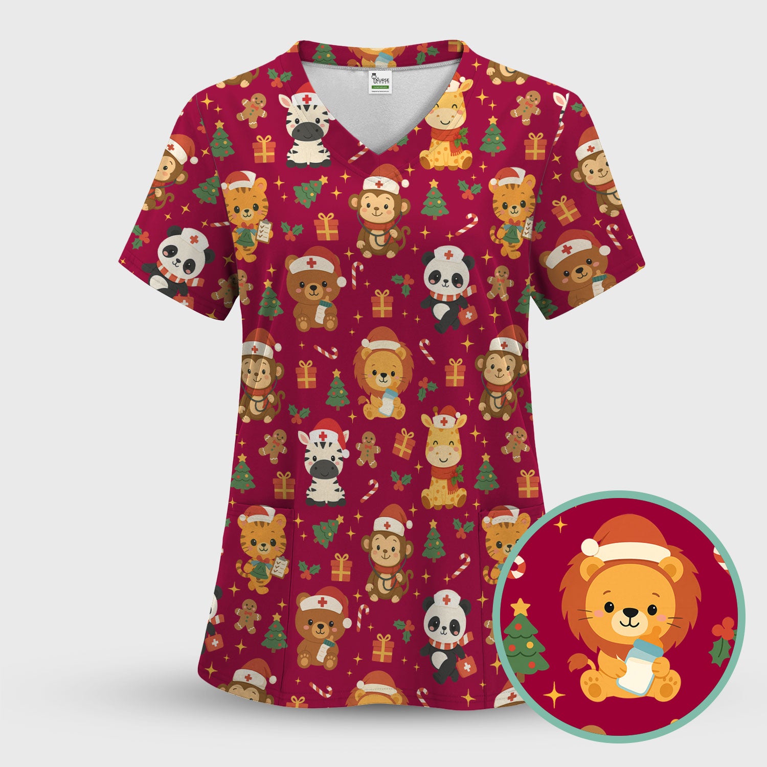 Funny Christmas Nurse Scrub Top - Adorable Safari Animal Pattern - Cute Festive Gift for Women RN LPN CNA