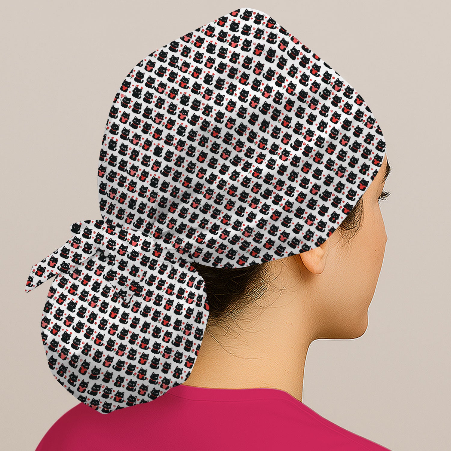 Black Cat Valentine Nurse Scrub Cap, Cute Heart Pattern Medical Hat, Breathable Fabrics Nursing Uniform