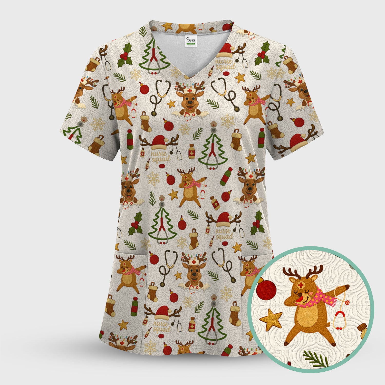 Christmas Reindeer Scrub Top - Cute Holiday Nurse Scrubs with Reindeer Print - Funny Xmas Medical Scrub Shirt Gift for Women CNA RN Doctor