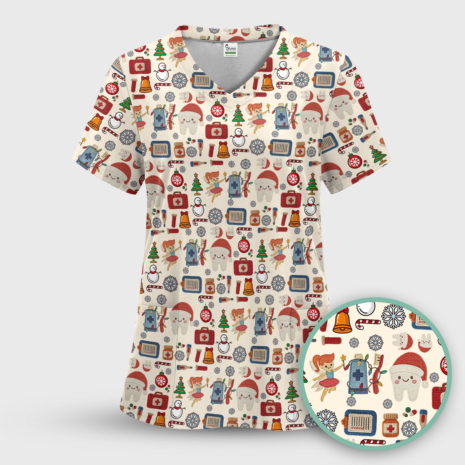 Christmas Dental Scrub Top - Cute Santa Tooth & Snowman Shirt - Festive Holiday Medical Uniform for Dentists, Hygienists & Nurses