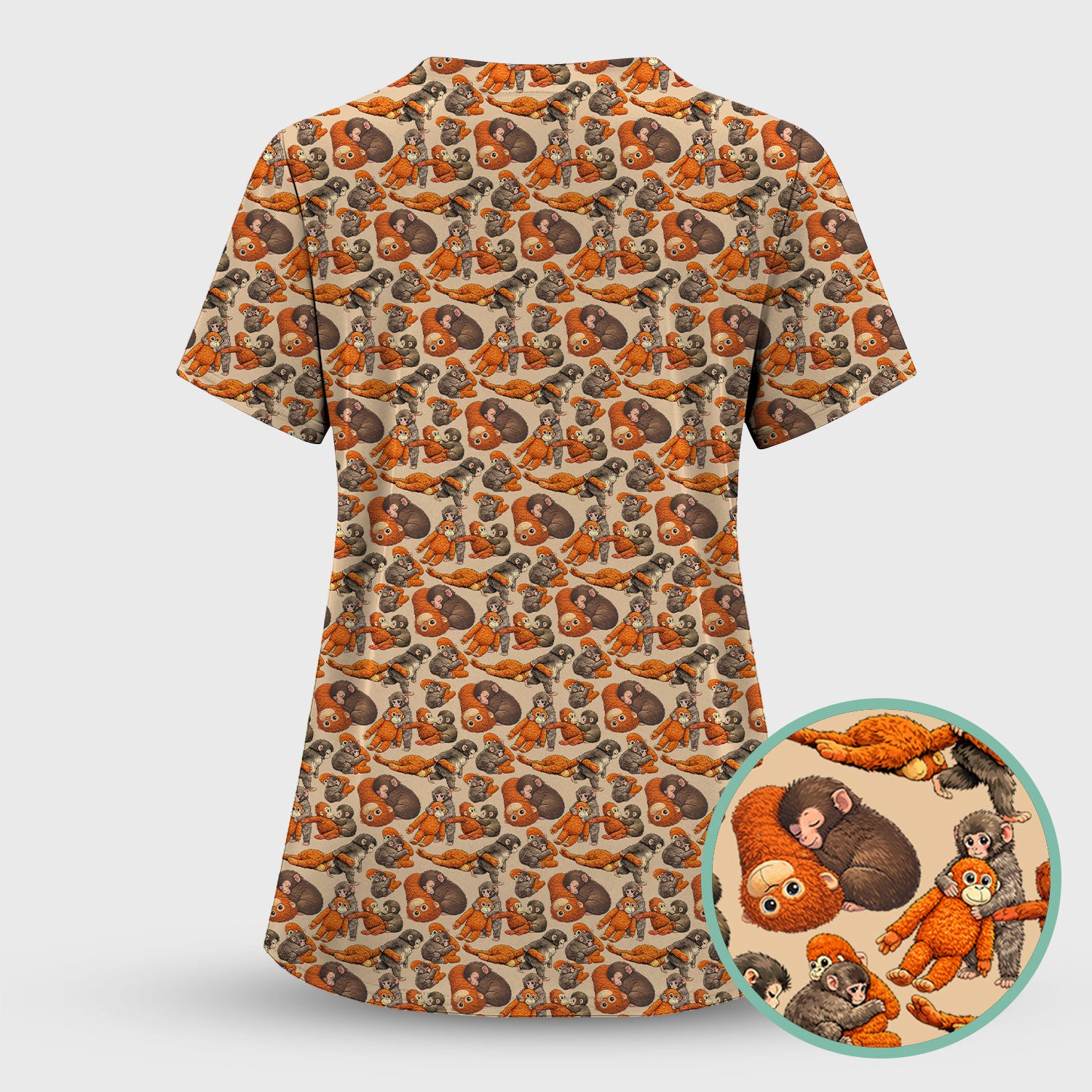 Funny Baby Monkeys With Cute Poses Pattern Scrubs Sets, Scrub Pants and V Neck Top