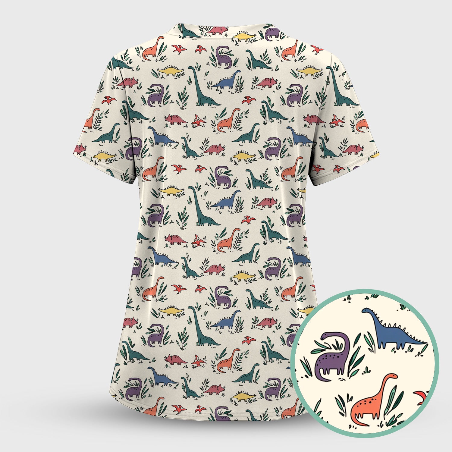 Cute Dinosaur Leafy Garden Pattern Scrub Set, Breathable Fabrics Nursing Uniform