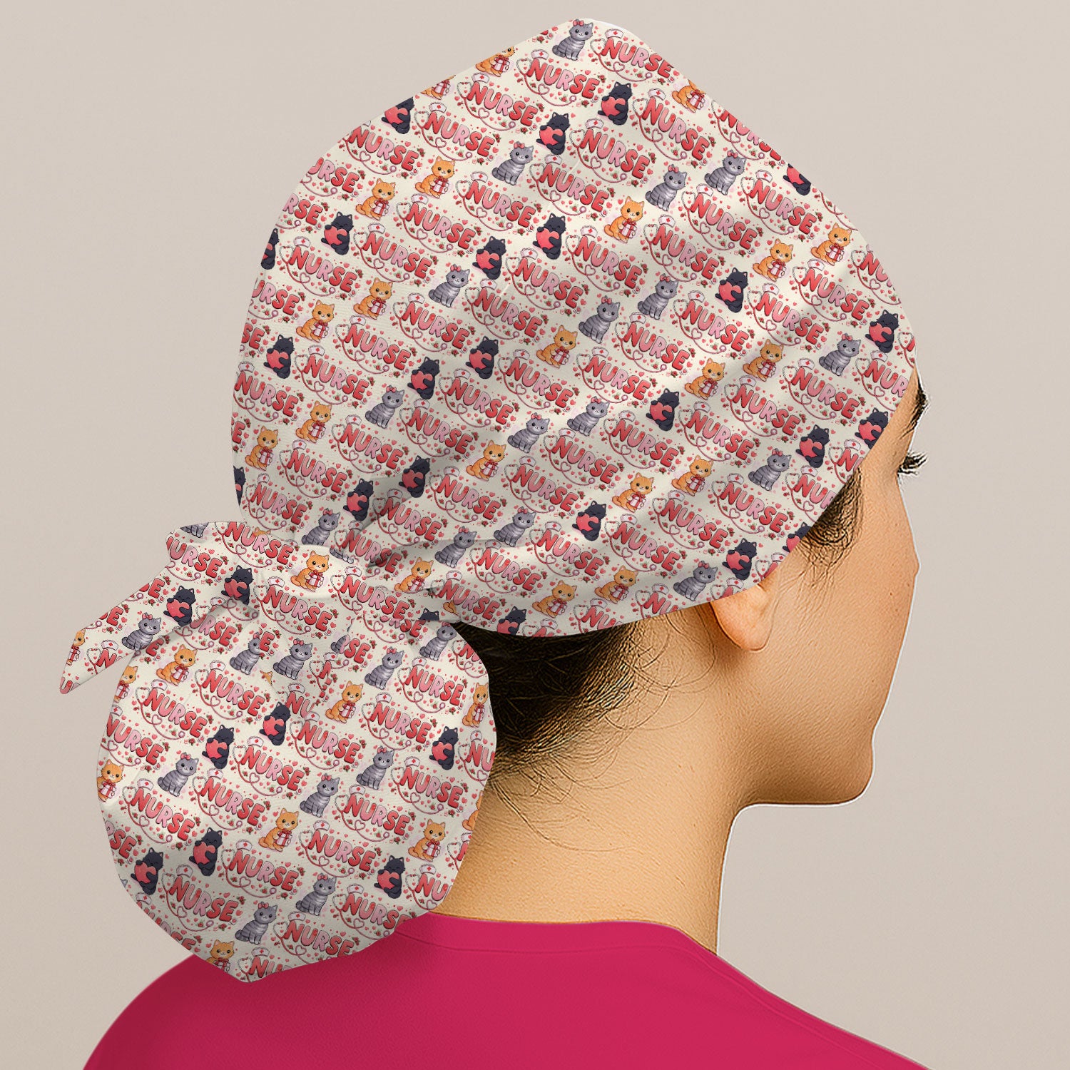 Nurse Cat Heart Pattern Valentine Scrub Cap, Bouffant Scrub Caps for Women