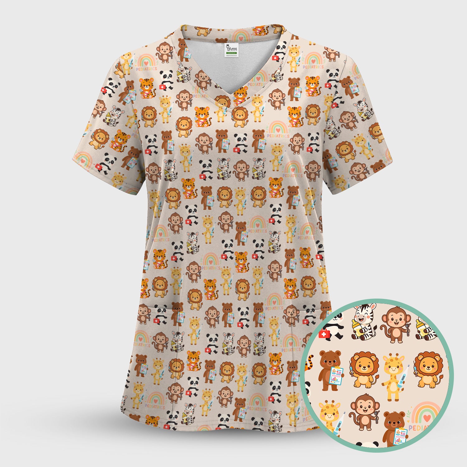 Cute Pediatric Nurse Scrub Top - Funny Zoo & Safari Animals Pattern Design - Gift for PEDS RN LPN
