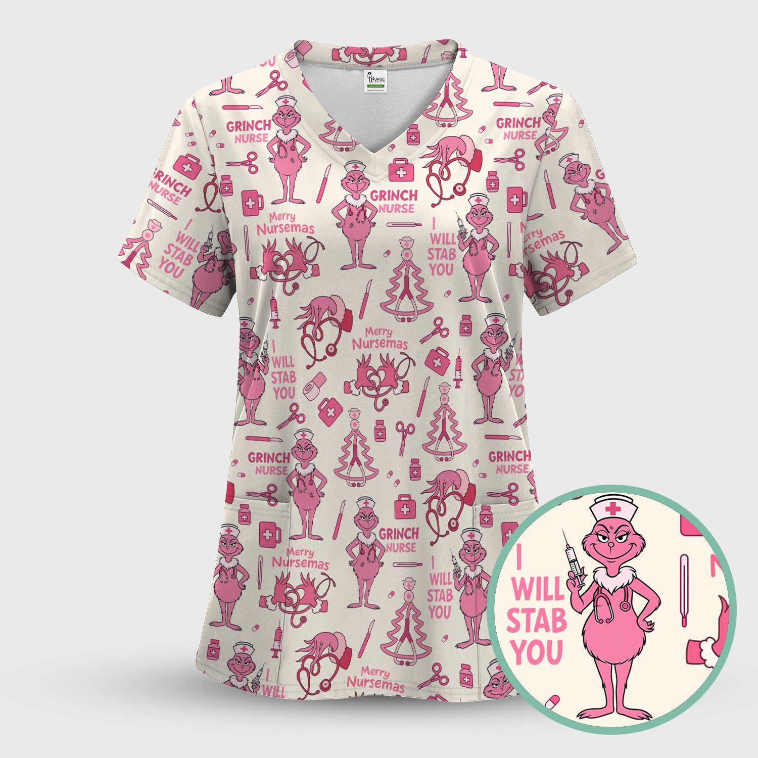Personalized Funny Grinch Nurse Scrub Top - I Will Stab You - Multiple Color Options RN LPN CNA Gift