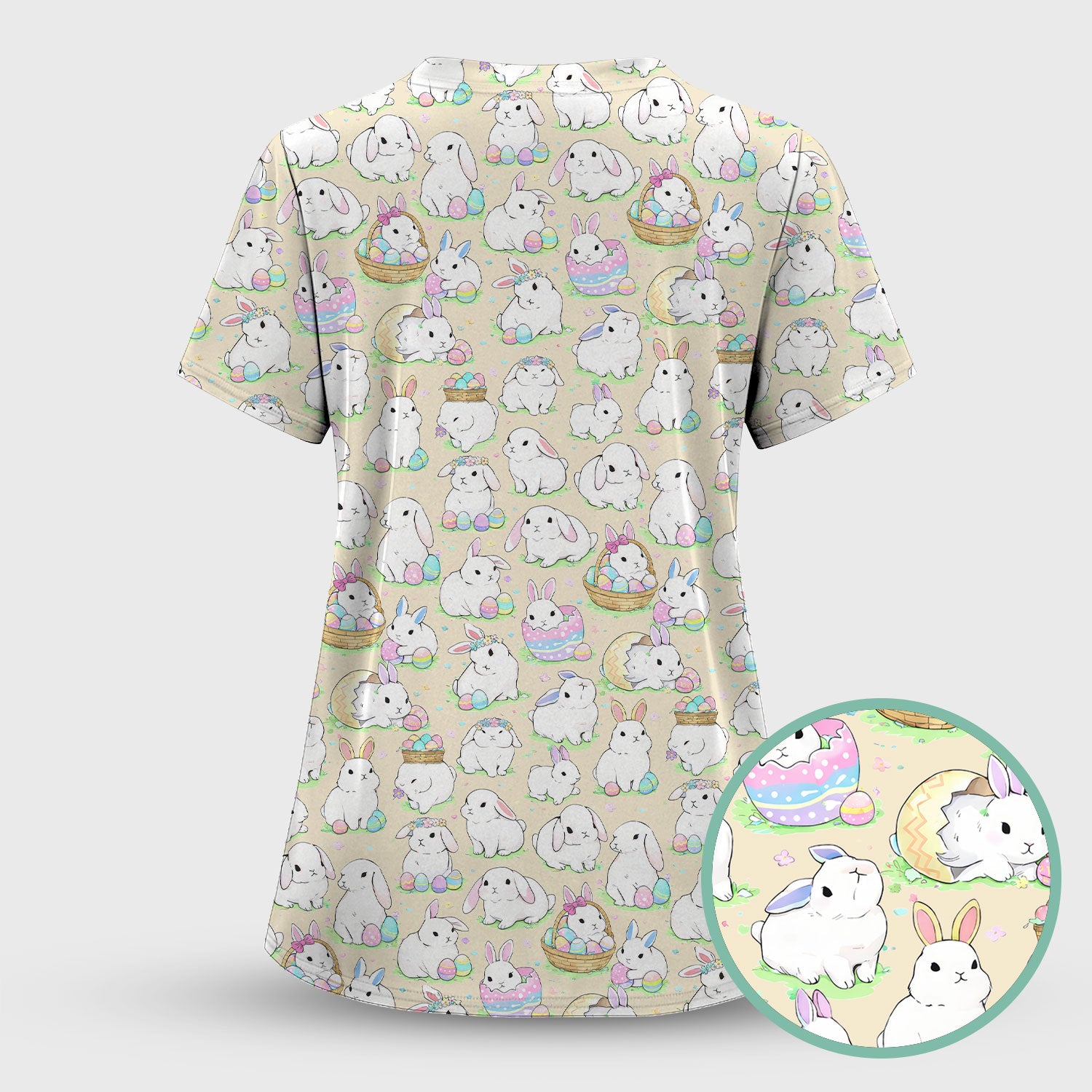 Cute Easter Bunny Egg Pattern Scrub Top, Comfortable Scrubs for Nurses