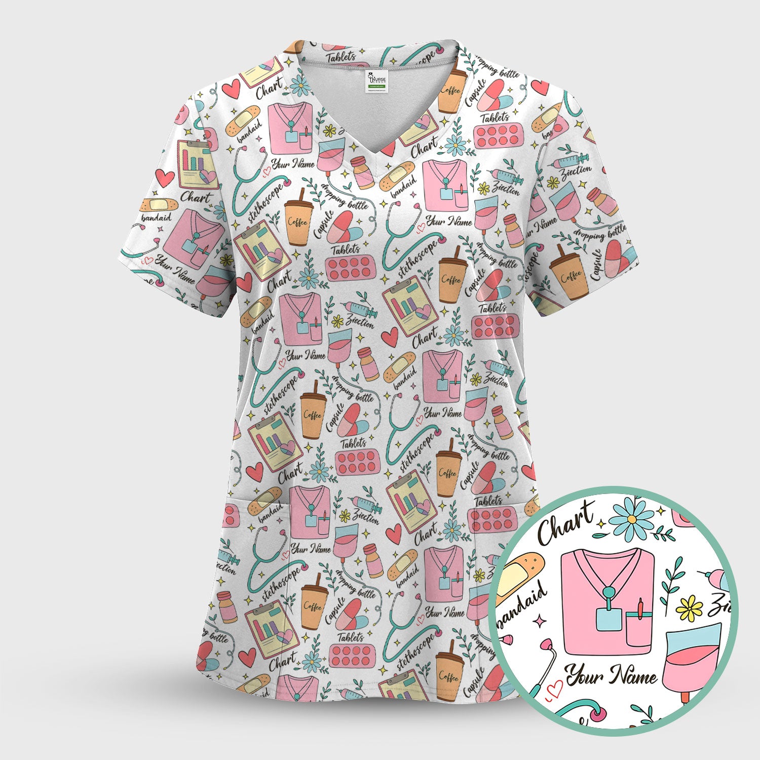 Cute Nurse Scrub - Colorful Medical Uniform Shirt with Coffee, Stethoscope & Pills - Fun RN LPN CNA Nursing Gift for Women