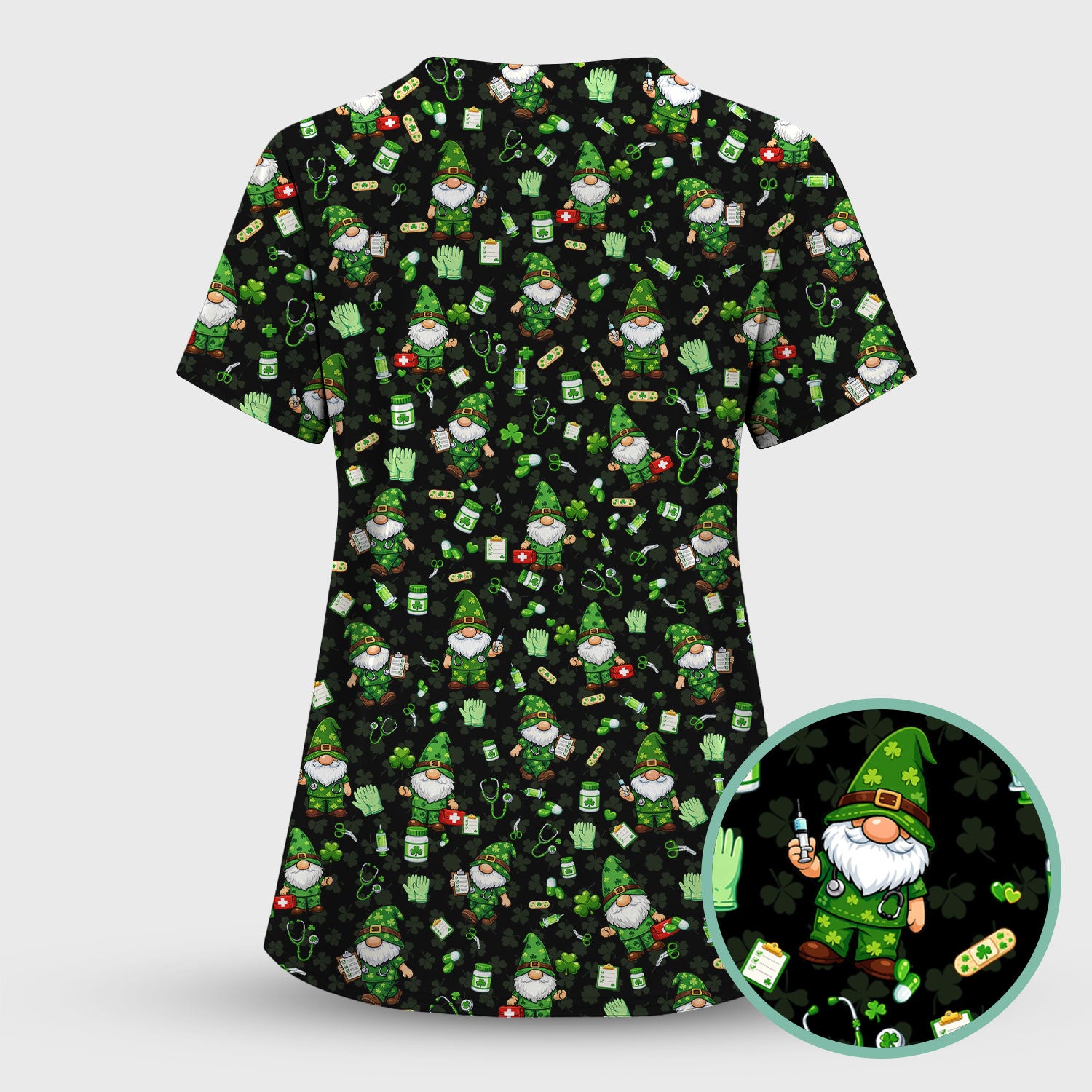 St. Patrick’s Day Nurse Gnome Scrub Set, Green Lucky Medical Pattern Nurse Shirt, Breathable Fabrics Nursing Uniform