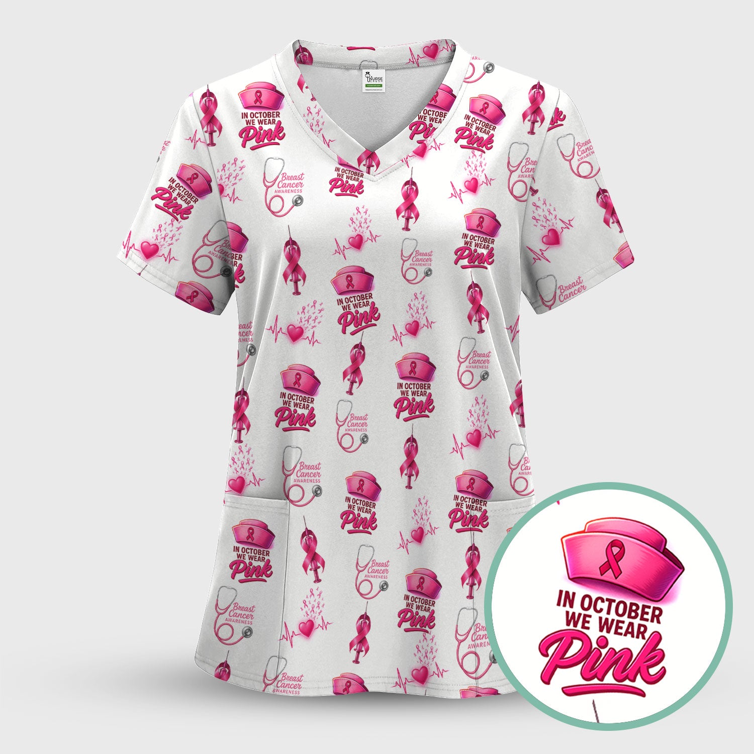 Nurse Breast Cancer Awareness Scrub Top - In October We Wear Pink Desi ...