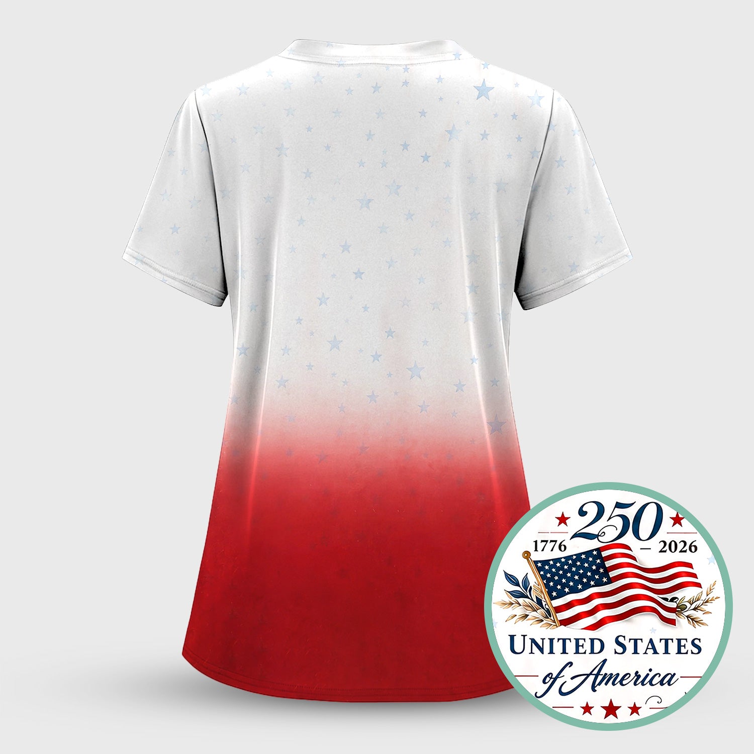 Patriotic 250th Flag Floral Pattern Scrub Set, Scrub Pants and V Neck Top