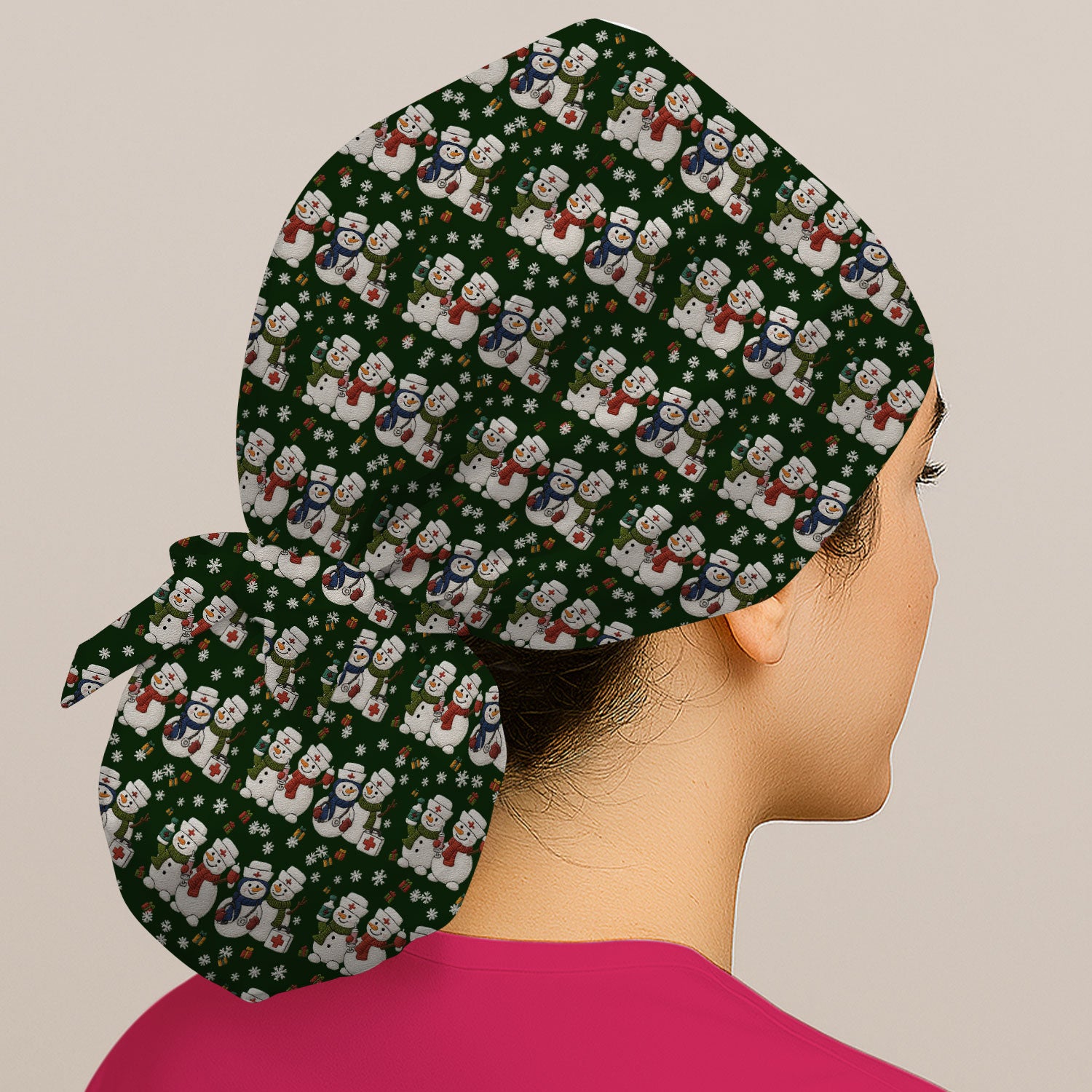 Cute Christmas Snowman Nurse Pattern Print Cap, Bouffant Scrub Caps for Women