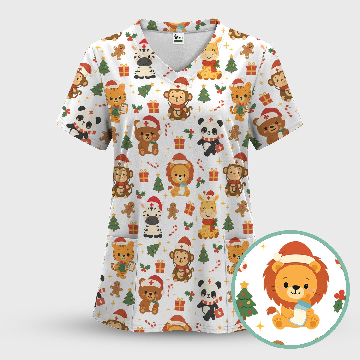 Funny Christmas Nurse Scrub Top - Adorable Safari Animal Pattern - Cute Festive Gift for Women RN LPN CNA
