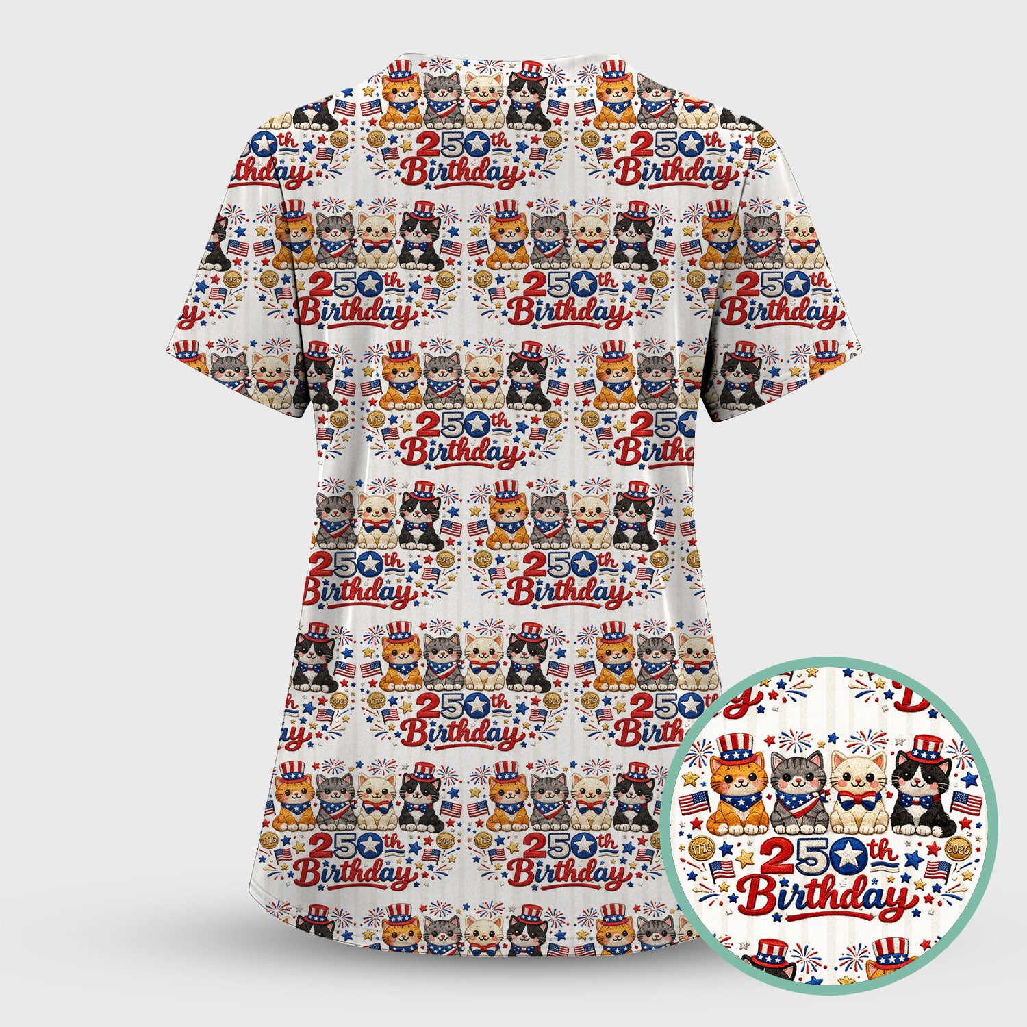 America 250th Anniversary Cat Pattern Scrub Top, Comfortable Scrubs for Nurses