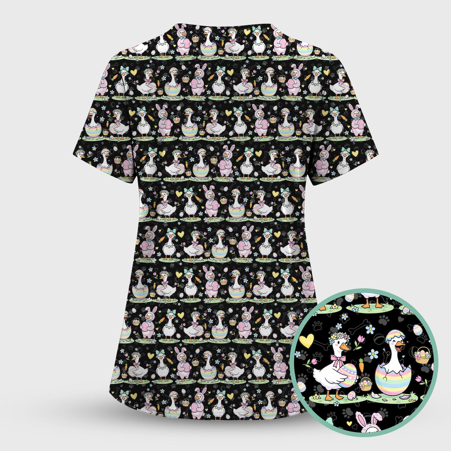 Pastel Easter Goose Bunny Egg Pattern Scrub Top, Comfortable Scrubs for Nurses