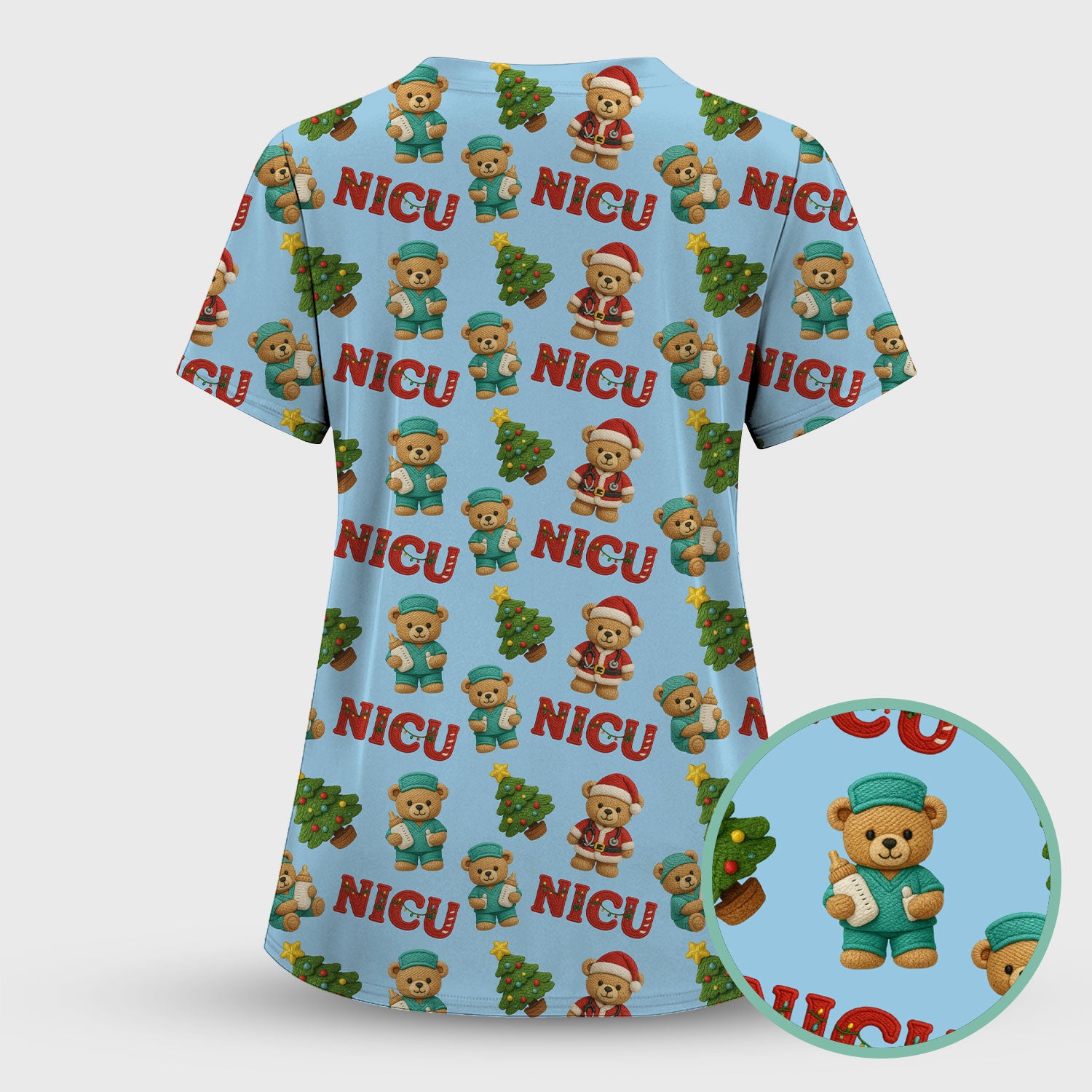 Festive Christmas NICU Nurse Teddy Bear Pattern Scrub Set, Breathable Med Uniform