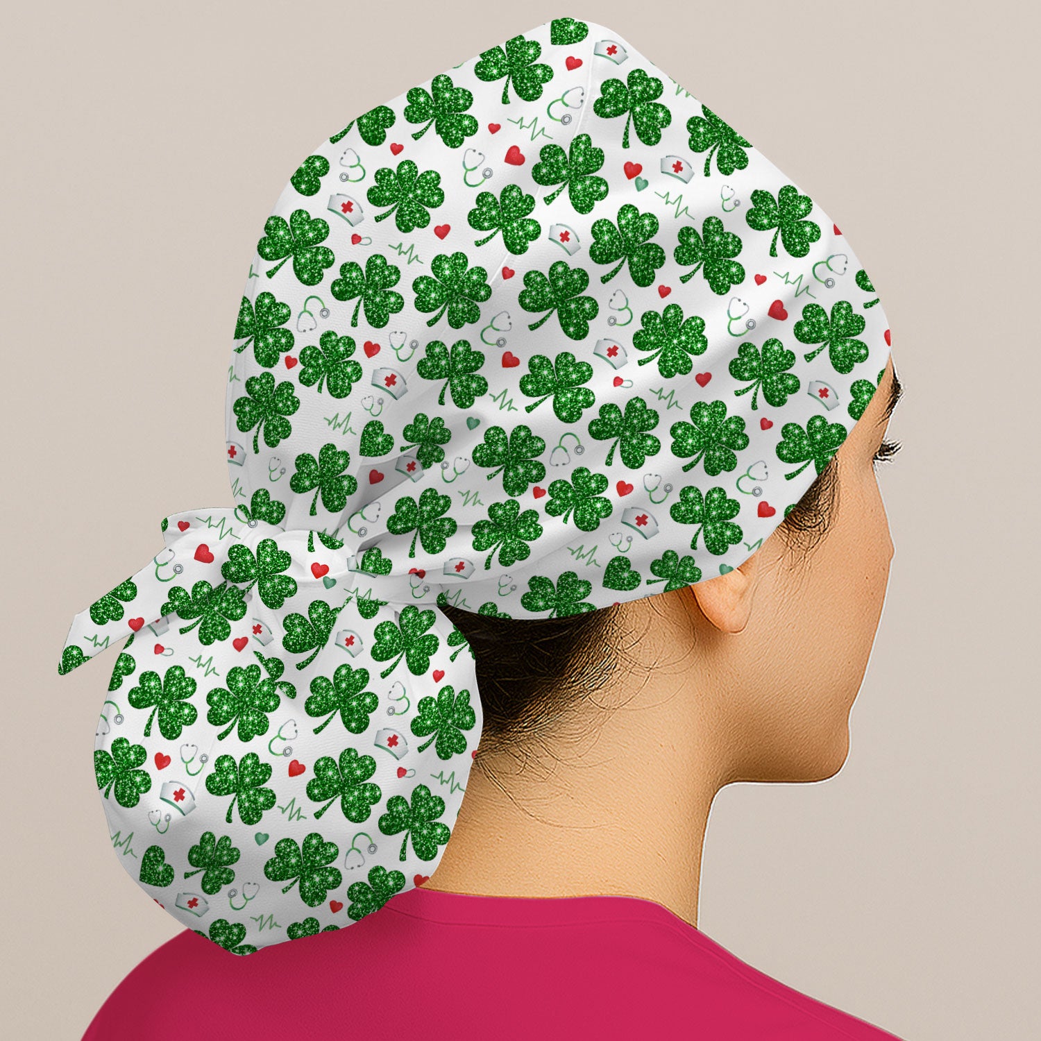 St. Patrick’s Day Nurse Scrub Cap, Green Clover Medical Pattern Hat, Breathable Fabrics Nursing Uniform