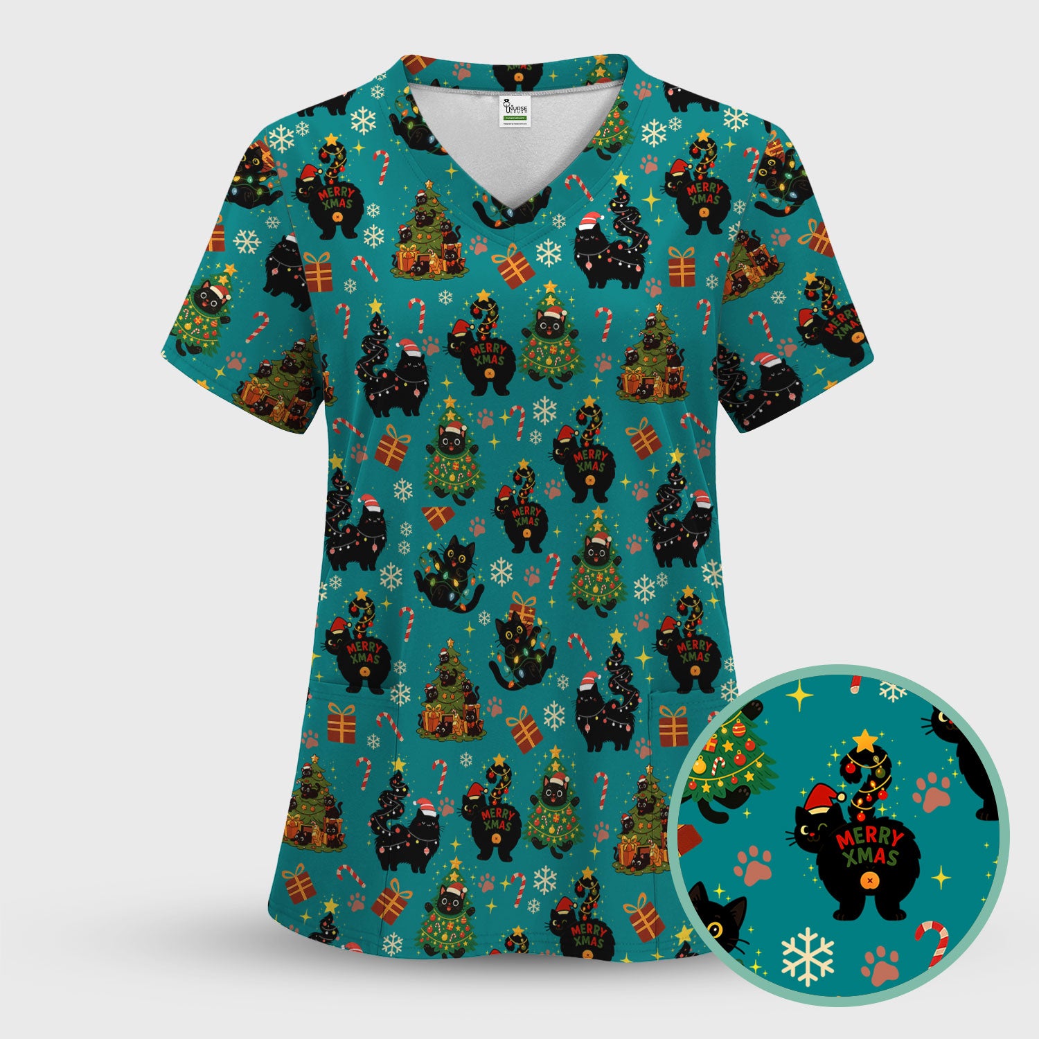 Funny Cat Print Nurse Scrub Top - Christmas Medical Shirt for Women & Men - Cute Holiday Gift Idea for RN CNA Doctor Scrubs