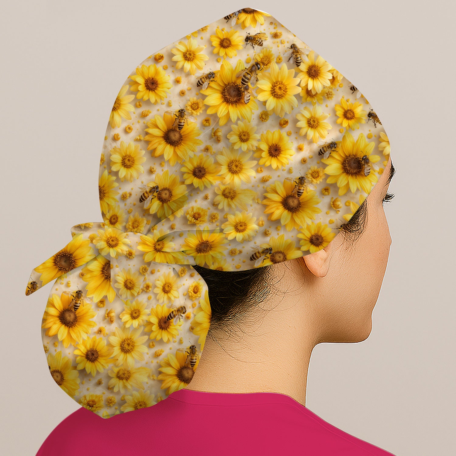 Yellow Sunflower Bee Garden Bloom Pattern Scrub Cap, Surgical Caps for Doctors
