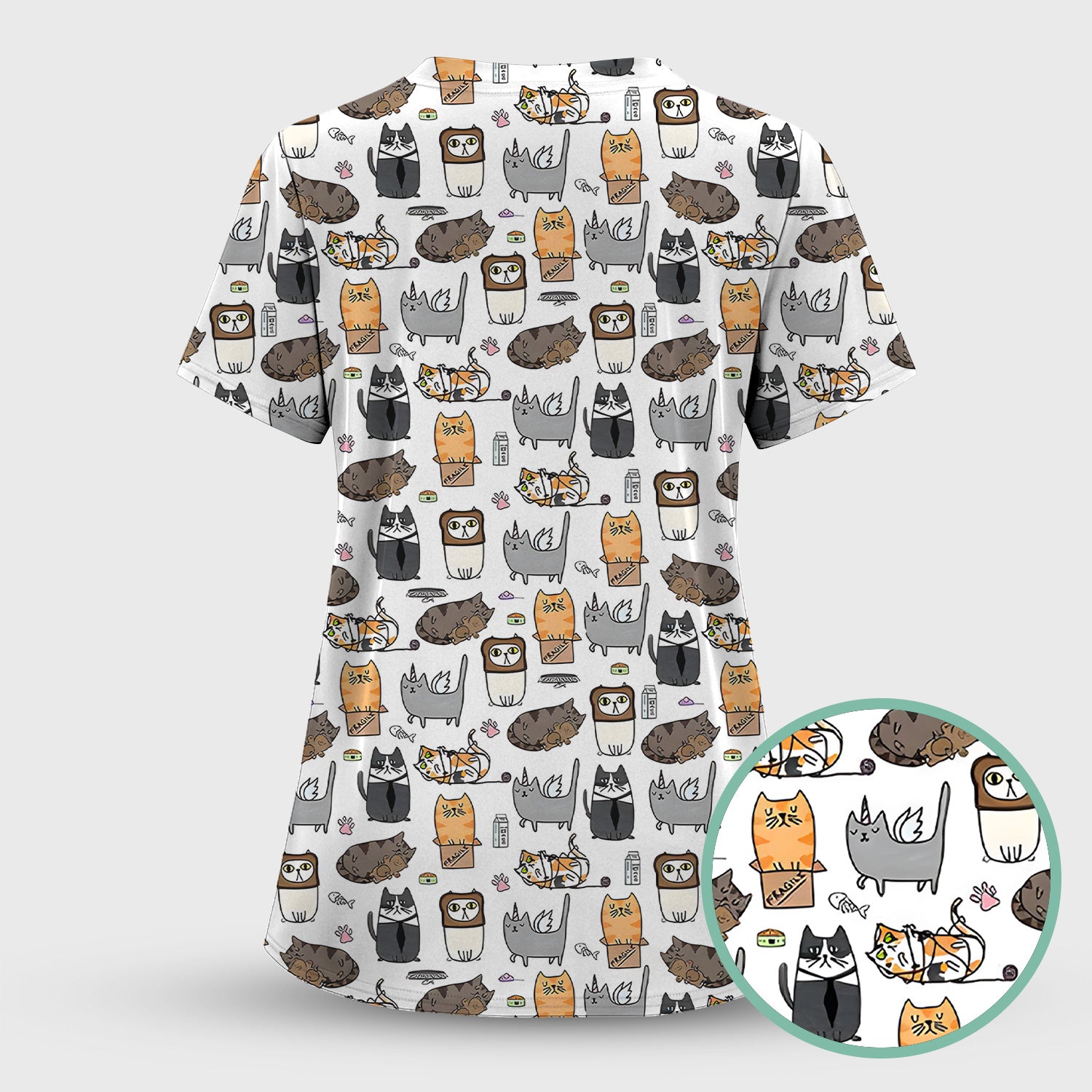 Lazy Cat Doodle Pattern Scrub Top, All Over Cozy Kitty Nursing Uniform for Women