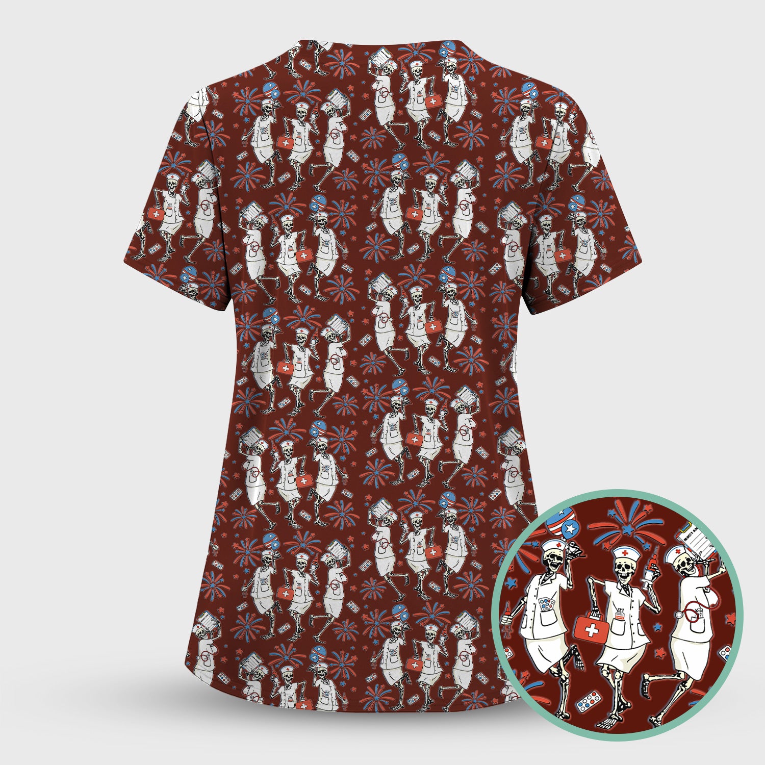 Funny Skeleton Nurse Patriotic Print Scrub Set, Scrub Pants and V Neck Top