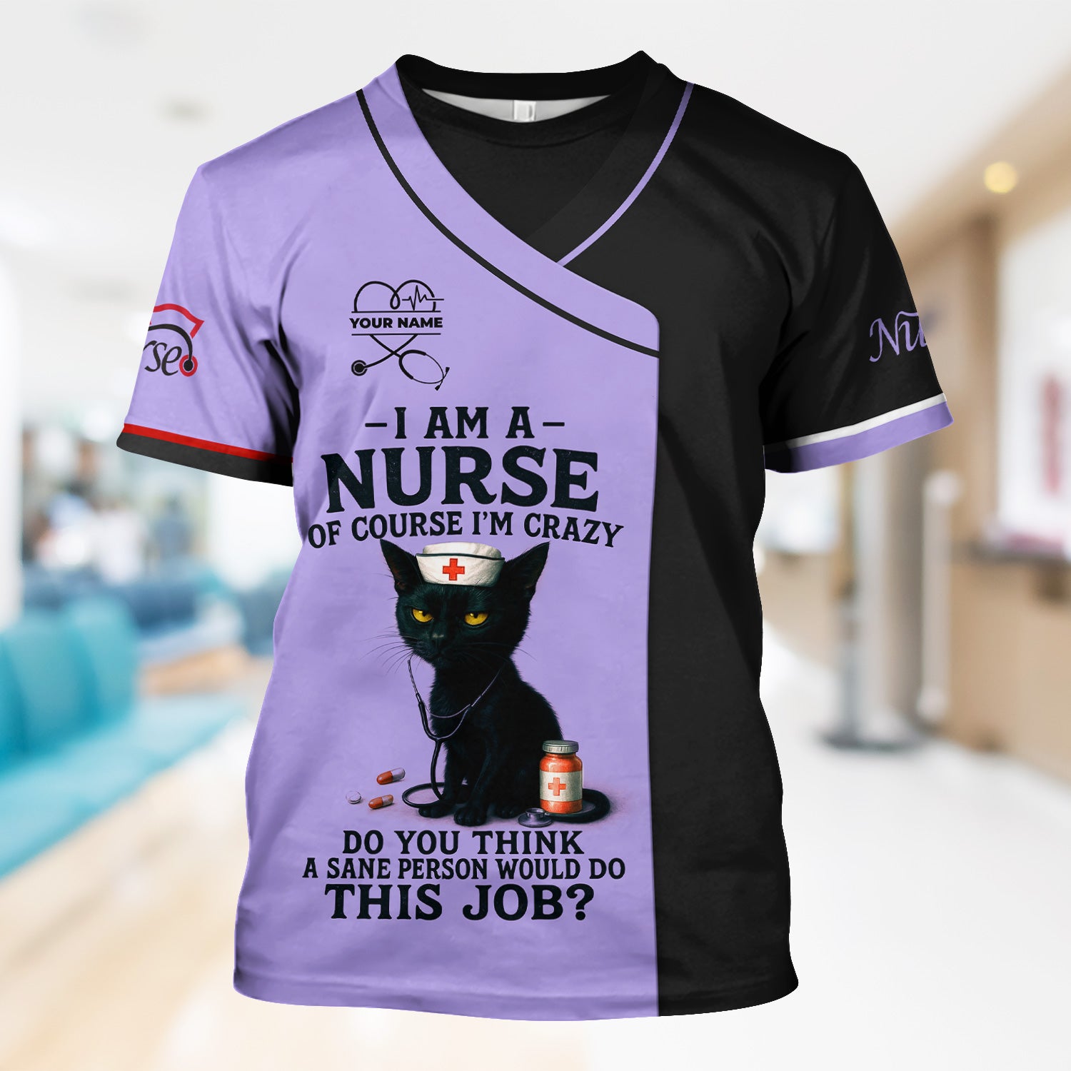 Funny Nurse Scrub Shirt with Black Cat Quote Design - Multiple Color Options Available - Gift for RN CNA LPN Healthcare Workers