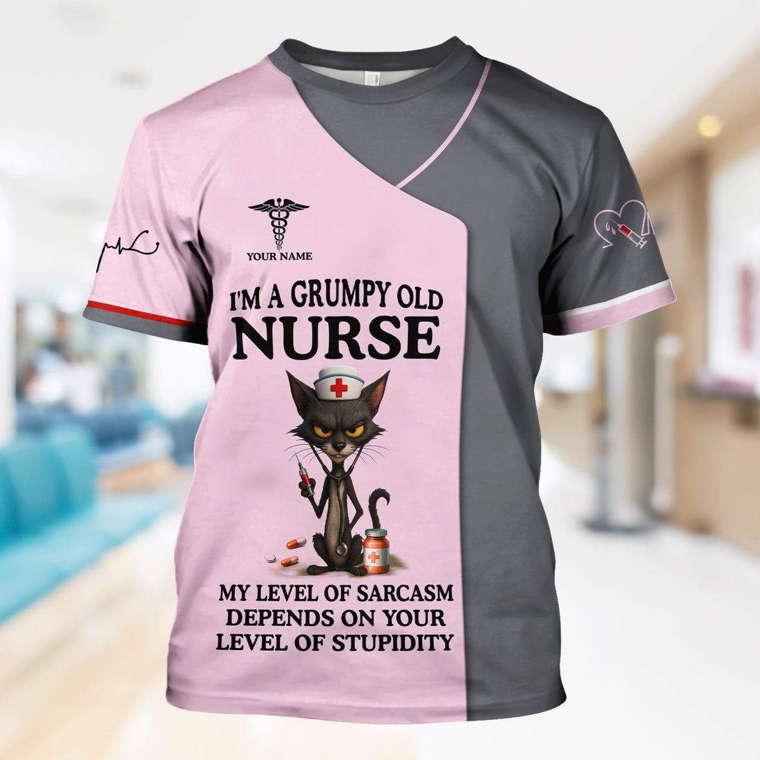 Sarcastic Grumpy Old Nurse Shirt - Black Cat Humo & Caduceus Symbol Design - Personalized Gift for RN LPN CNA Healthcare Workers