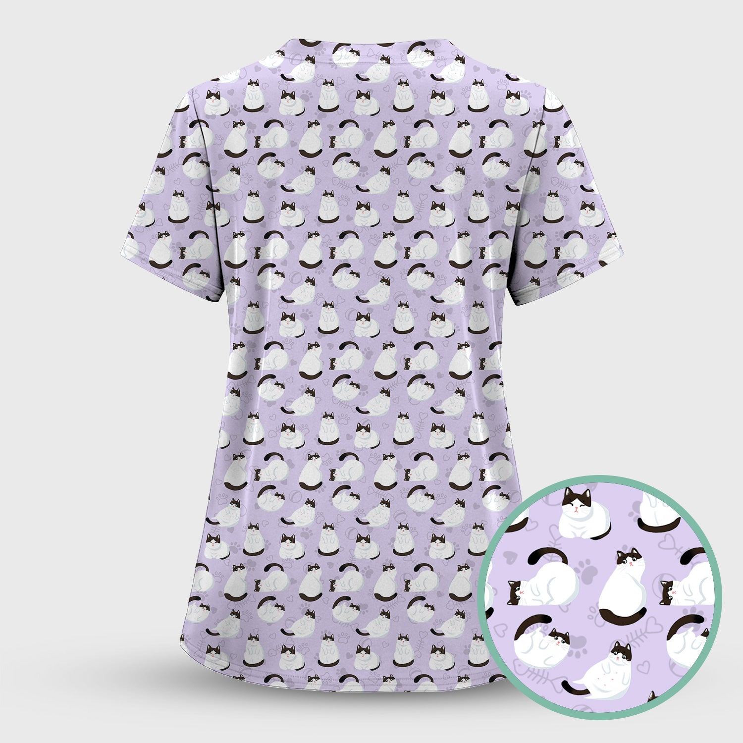 Cute Cat Pattern Medical Scrub Top, Breathable Fabrics Nursing Uniform